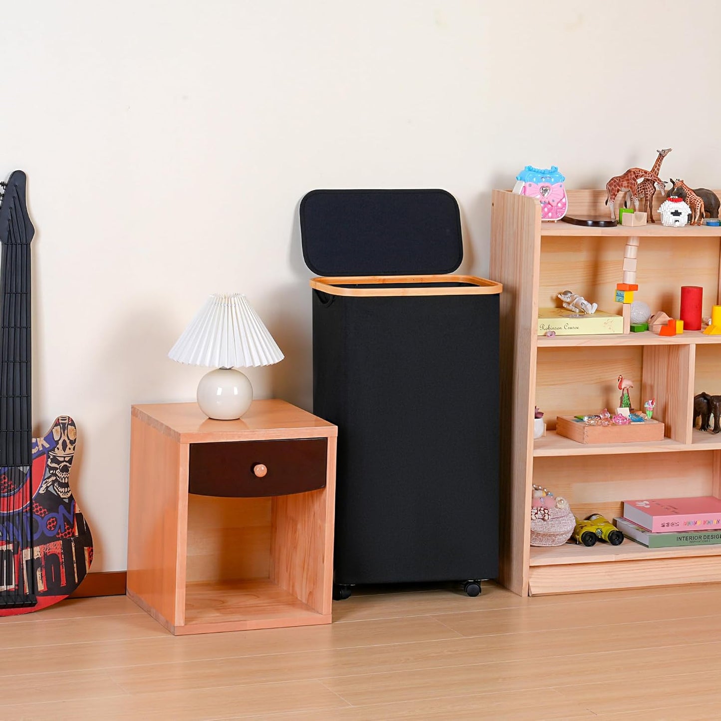 Slim Laundry Hamper with Wheels,Narrow Hampers for Laundry,Freestanding Laundry Basket with Lid&Bamboo Handles,Collapsible & Waterproof Tall Cloth Hamper for Dorm Family(60L,Black)