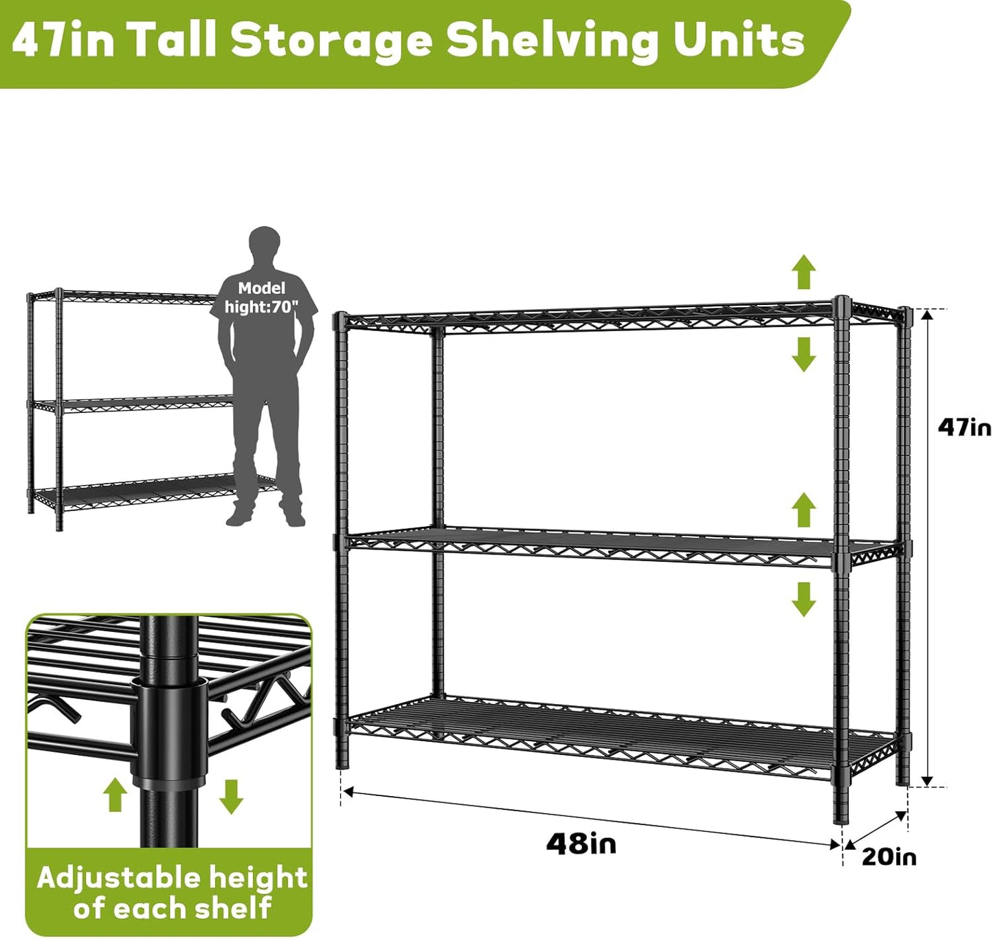Storage Shelves, 2 PCS 48" L x 20" W x 47" H Heavy Duty Garage Wire Shelving Unit Loads 1200LBS, 3-Tier Adjustable Metal Industrial Utility Shelf Rack for Kitchen, Laundry Room, Basement