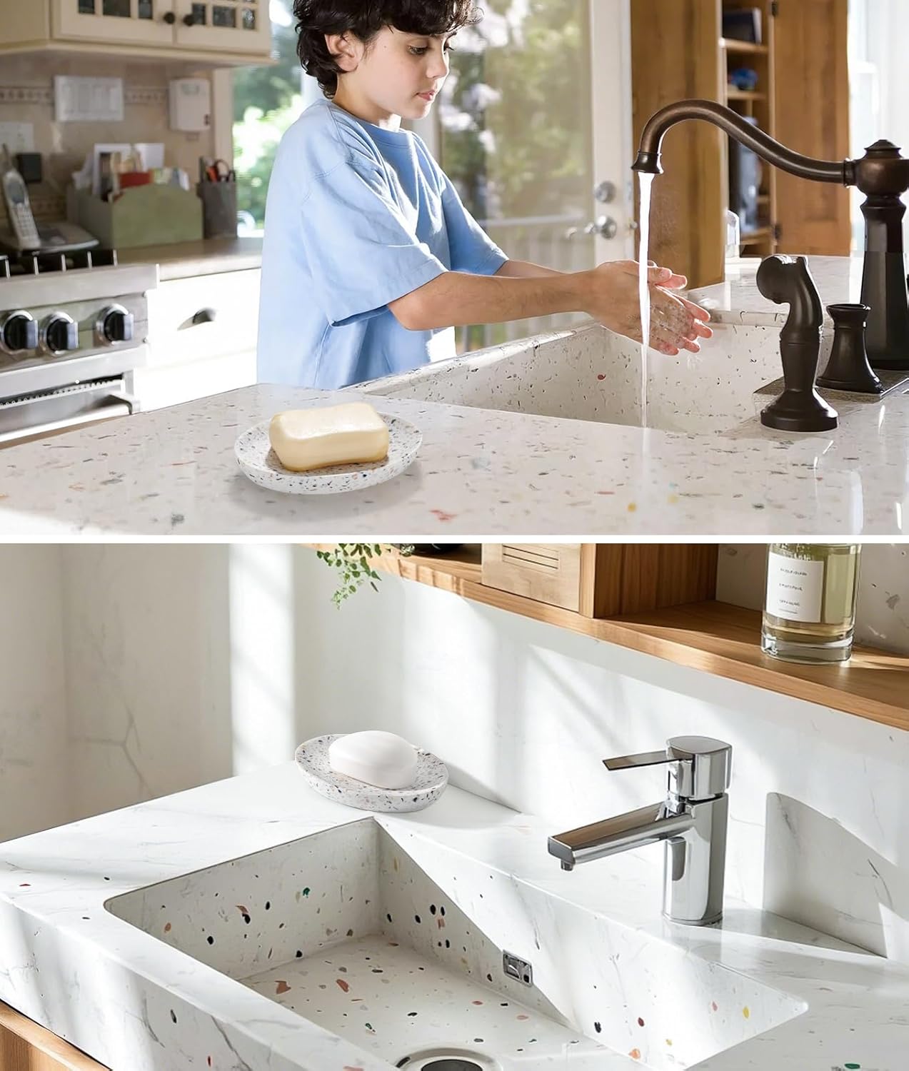 Luxspire Soap Dish, Resin Soap Tray Soap Holder Container Box, Oval Soap Plate Case, Non-Slip, Multi-Purpose Soap Holder, Bathroom & Kitchen Countertop, Terrazzo