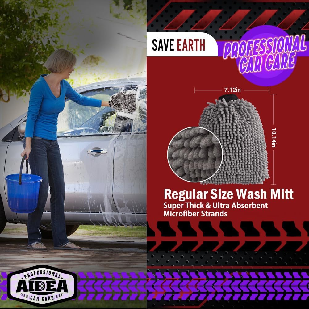 AIDEA Car Wash Mitt Microfiber-2Pack, Scratch-Free& Lint-Free, Premium Chenille Microfiber Wash Mitt-Grey Regular Size (7.12''X10.14'')
