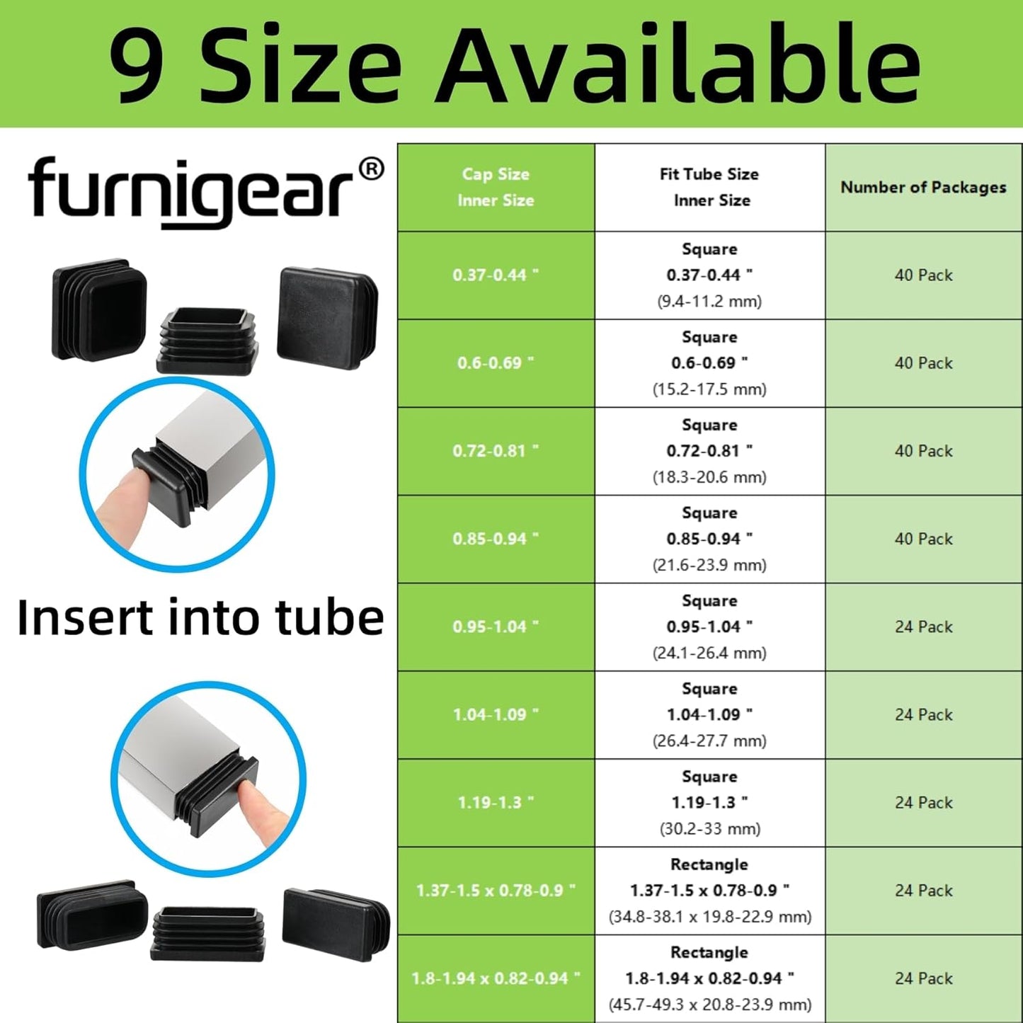 Furnigear Plastic Plugs Tubing End Cap Chair End Caps Outside Bottom Tubing Caps Rectangle Furniture Sliders Glides Black (24, Fit 1.37-1.5 x 0.78-0.9" Rectangle Tube Inner Size)