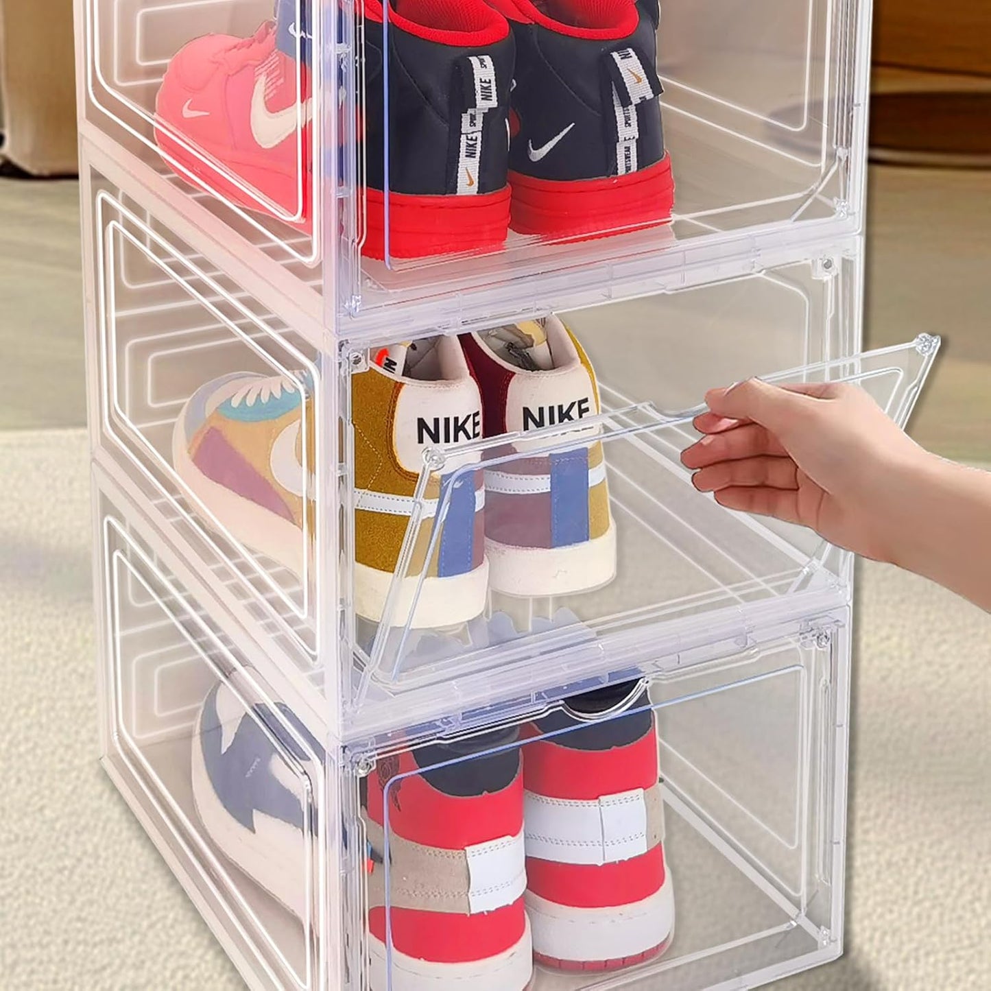Upgraded Shoe Storage Organizer 6 Pack Clear Plastic Stackable Shoe Box with Magnetic Door Sneaker Hats Display Case Fit Up to US Size 13