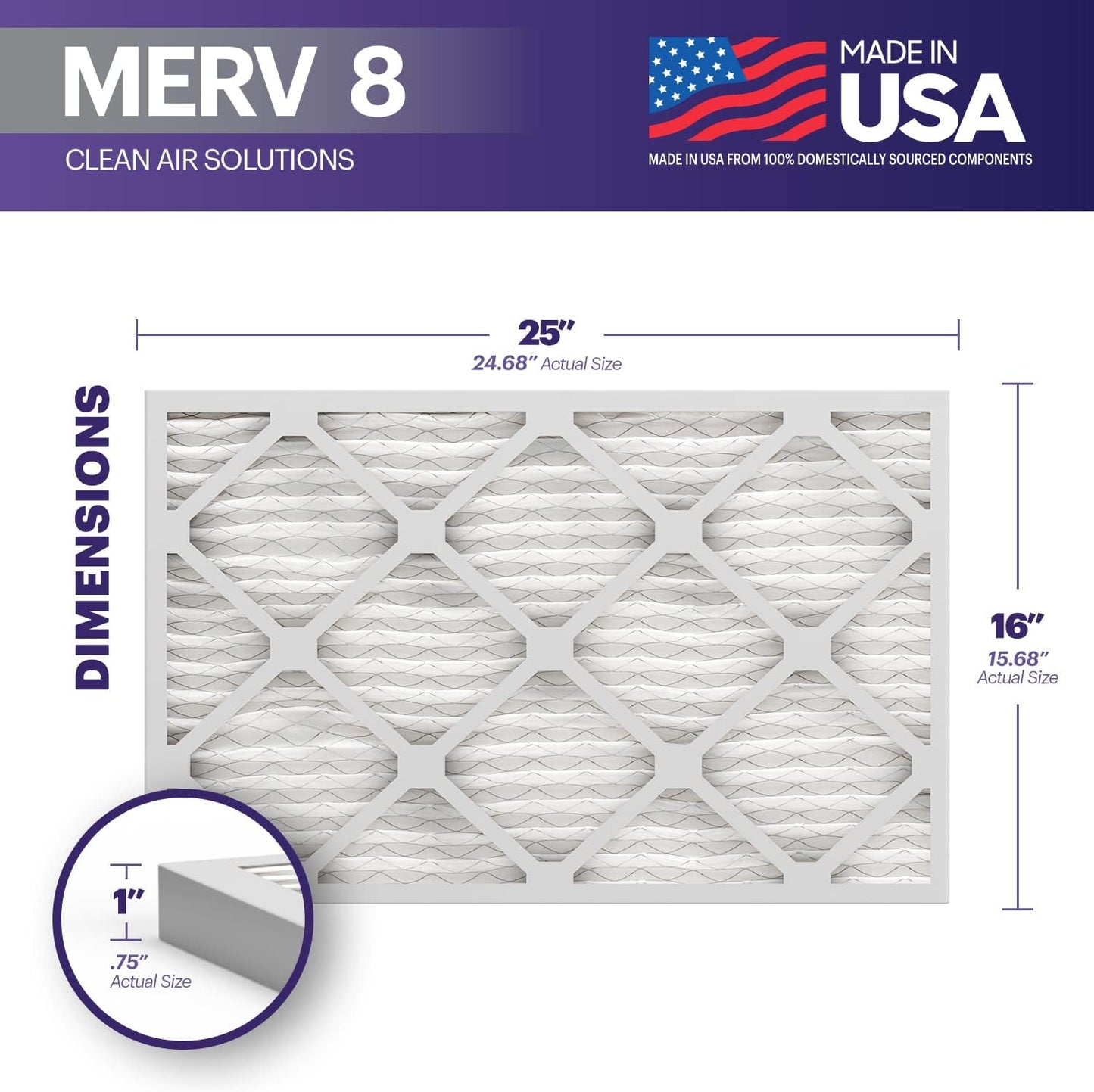 BNX TruFilter 16x25x1 Air Filter MERV 8 (6-Pack) - MADE IN USA – Dust & Pet Defense Electrostatic Pleated Air Conditioner HVAC AC Furnace Filters for Dust, Pet, Mold, Pollen MPR 600 – 700 & FPR 5
