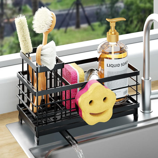 HapiRm Sponge Holder for Kitchen Sink - Self-draining Sink Caddy with Smiley Face and Brush Holder, Stainless Steel Kitchen Organizer for Countertop - Black