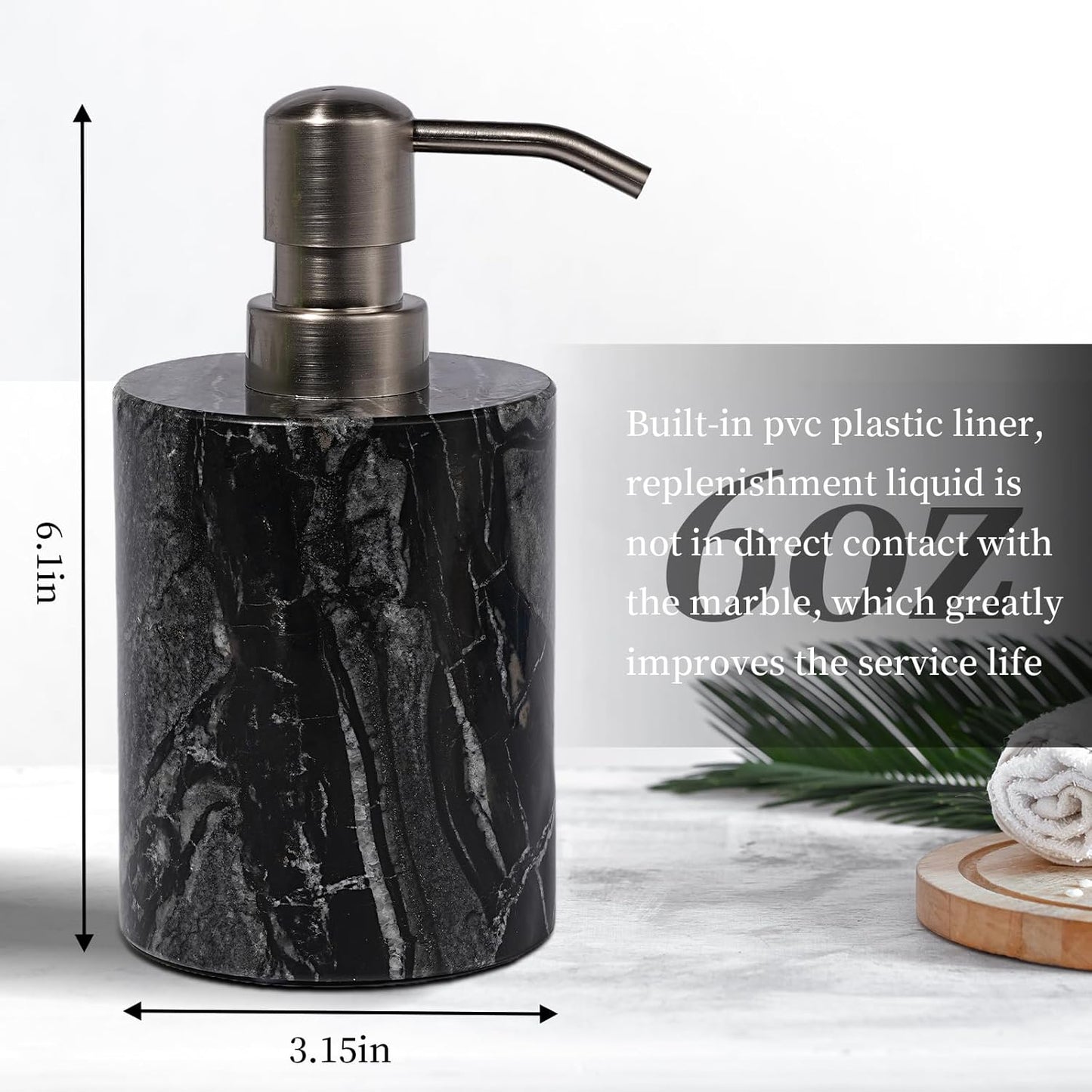 Marble Soap Dispenser with Stainless Steel Pump, Black Hand Liquid Soap Dispenser, 6 Ounces for Bathroom