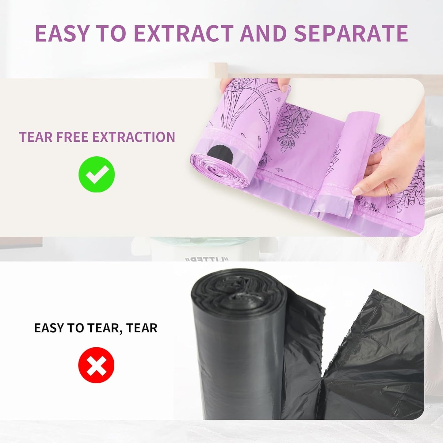 VOK 13 Gallon Trash Bags with Lavender Print & Drawstring, Tear-Resistant Tall Kitchen Garbage Bags, Heavy-Duty Kitchen Trash Bags for Home, 50 Counts