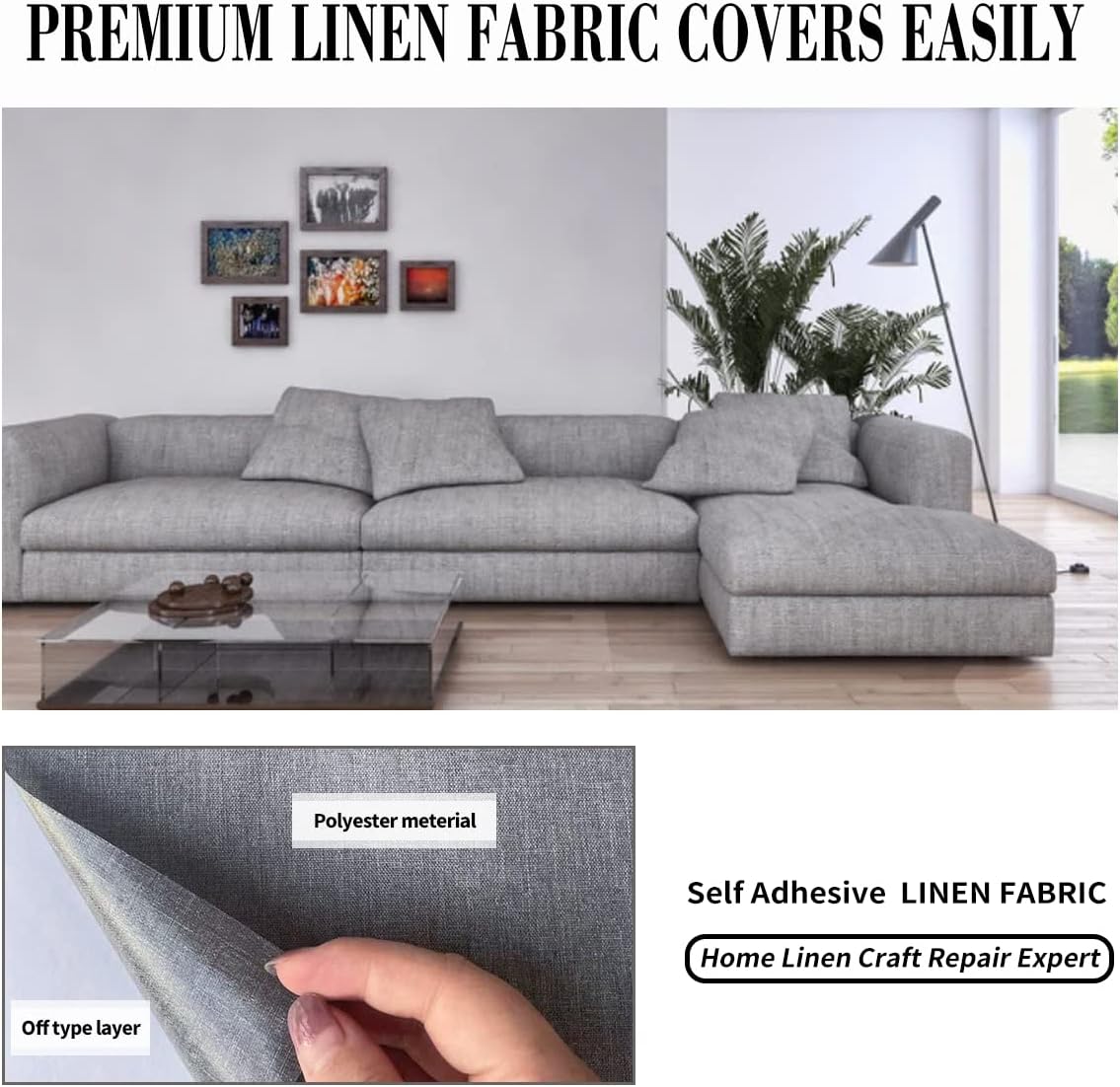 Fabric Repair Patches, 17X79 Inch Linen Repair Tape Self-Adhesive Fabric Patches Durable, DIY Large Linen Tape for Sofa, Couches, Furniture, Chair, Clothing （17X79 Inch, Grey）