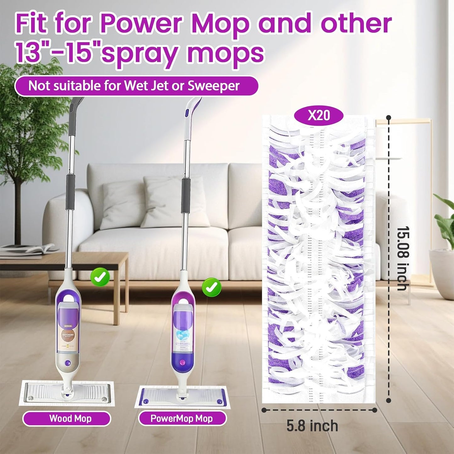 20-Pack Disposable Microfiber Power Mop Pad Refills Compatible with Swiffer Power Mop Refills,Replacement Pads for Swiffer Wet Pads Refill,Non-Washable & Unscented