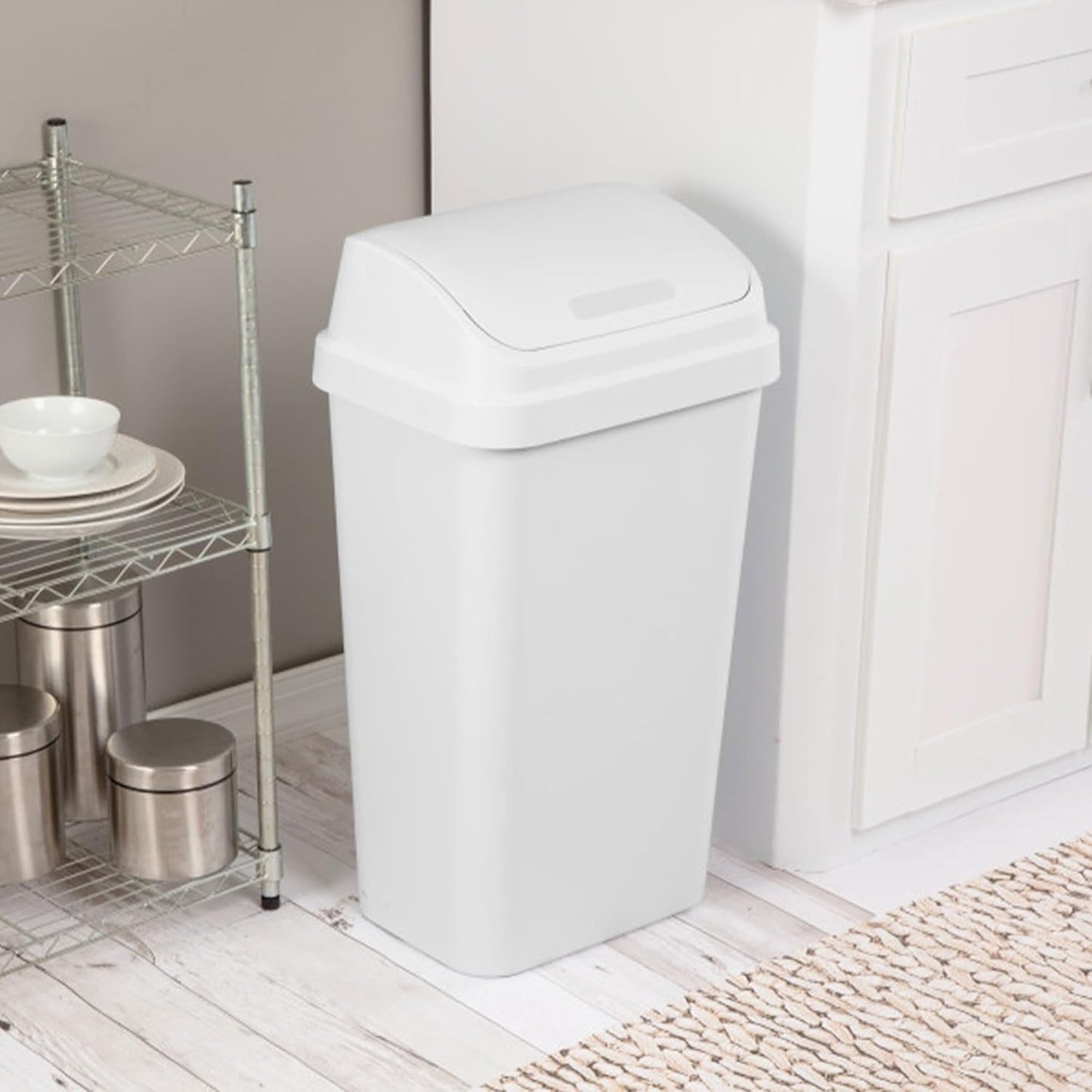 Sterilite 8 Pack Kitchen Garbage Trash Can with Plastic Swing Top, 13 Gal, White