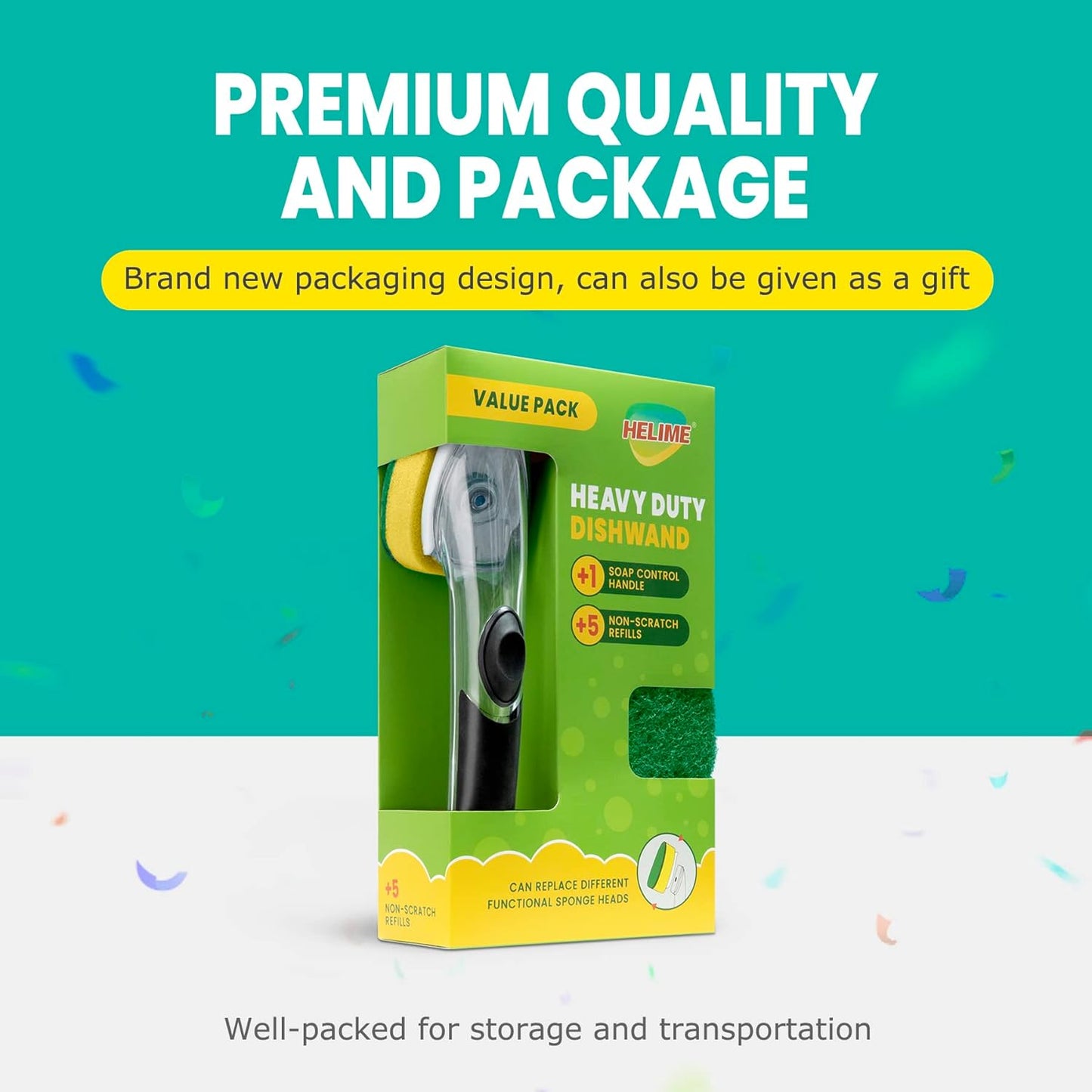 Heavy Duty Dishwand with Refills, Dish Wand Replacement Sponge Heads with Handle, Soap Control Dispenser Leak-Free Scrub, Non-Scratch Advanced Scrubber Brush Pads for Cleaning Dishes Sink Washing Tool