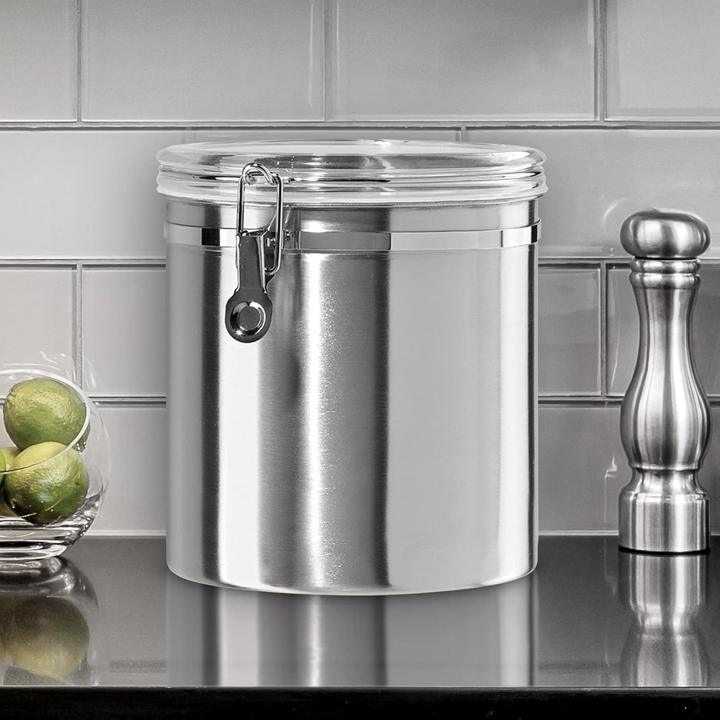Oggi Stainless Steel Kitchen Canister 152oz + Oggi Jumbo 8" Stainless Steel Flour Clamp Canister