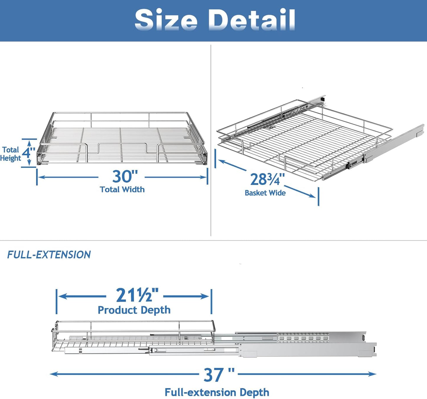 Pull Out Cabinet Organizer 30" W x 21½" D, Heavy Duty Cabinet Pull Out Shelves, Slide Out Drawers Organization for Kitchen Cabinets Bathroom
