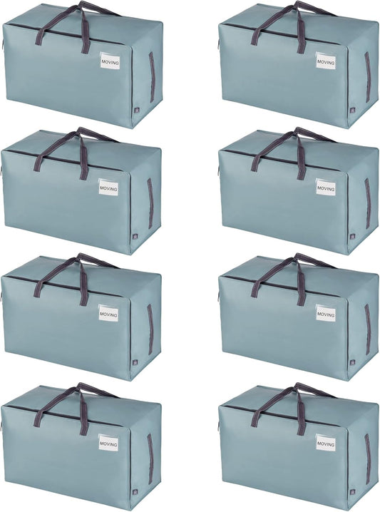 VENO 8 Pack Moving and Storage Bags, Heavy Duty, Alternative to Moving Boxes, Large Packing Totes Supplies for College Dorm Room with Zipper for Clothes, Wide Open Design (Light Blue Matte, 8 Pack)