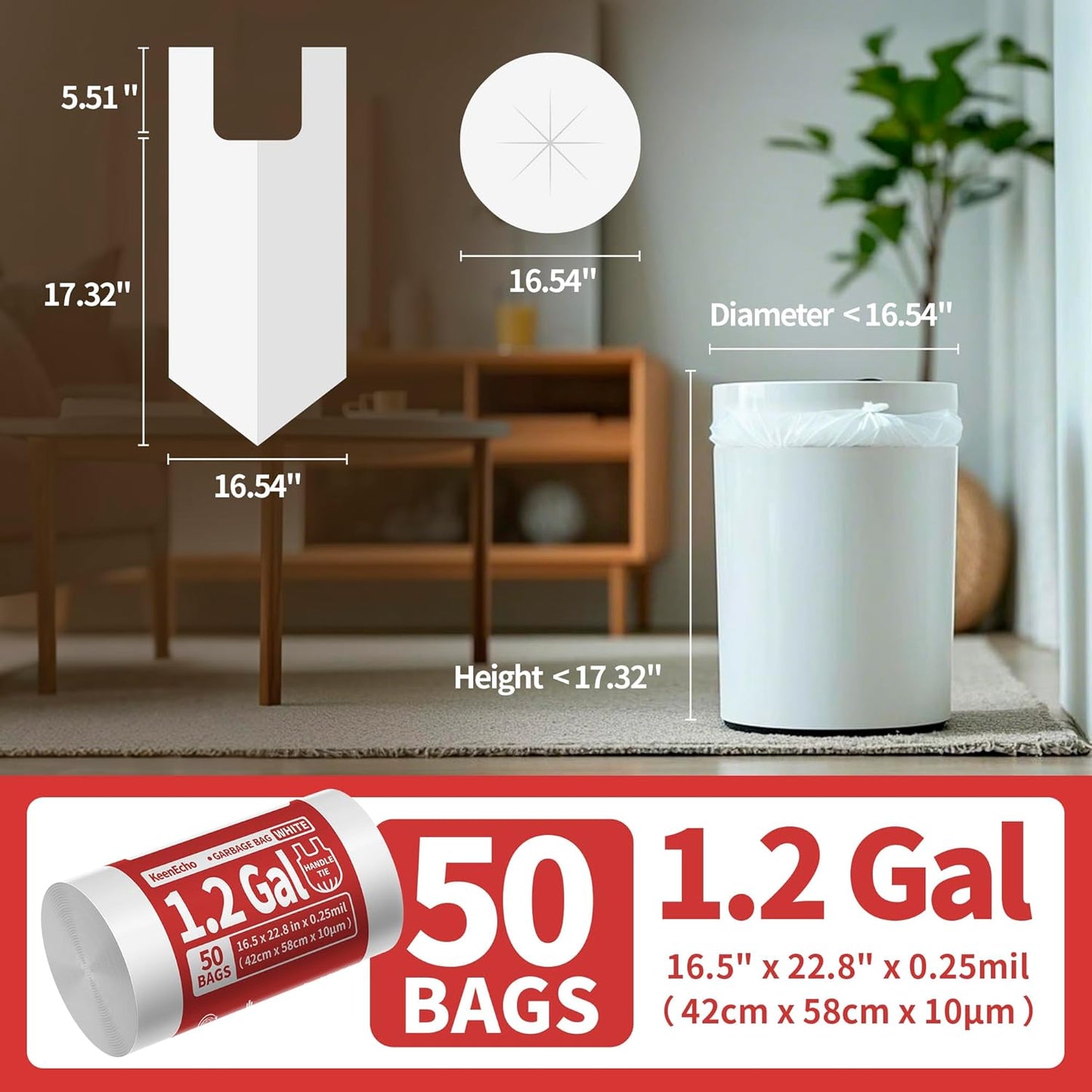 Small Trash Bags with Handles 5 Gallon 50 Count White - Ocean Plastic Upcycling - Plastic Garbage Bags, Can Bin & Waste Basket Liner for Kitchen, Bathroom, Office and Pets