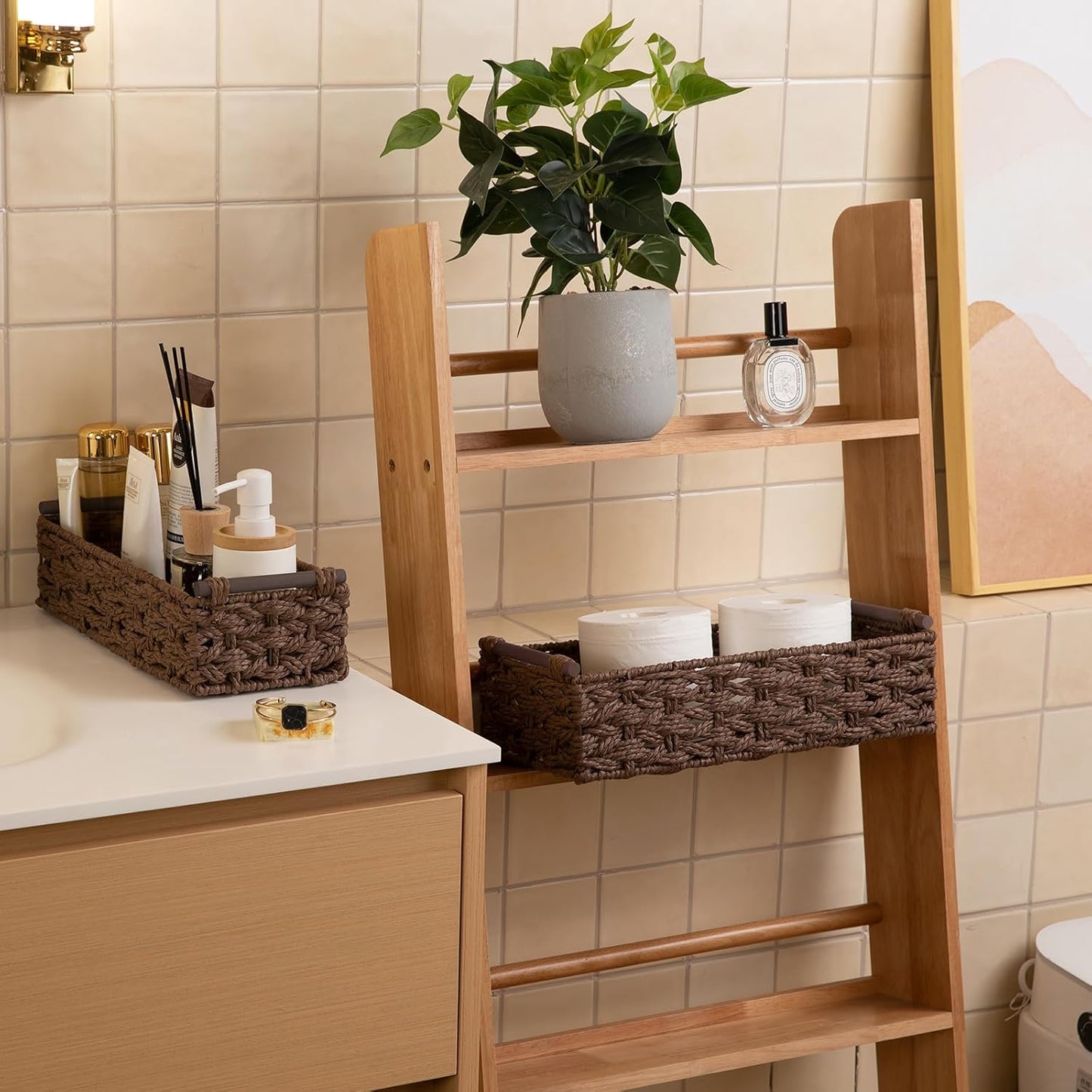 OIAHOMY Toilet Paper Baskets Handmade Paper Rope Decorative Wicker Storage Tank Shelf Cabinet Organizer for Bathroom Home, Set of 2, Brown