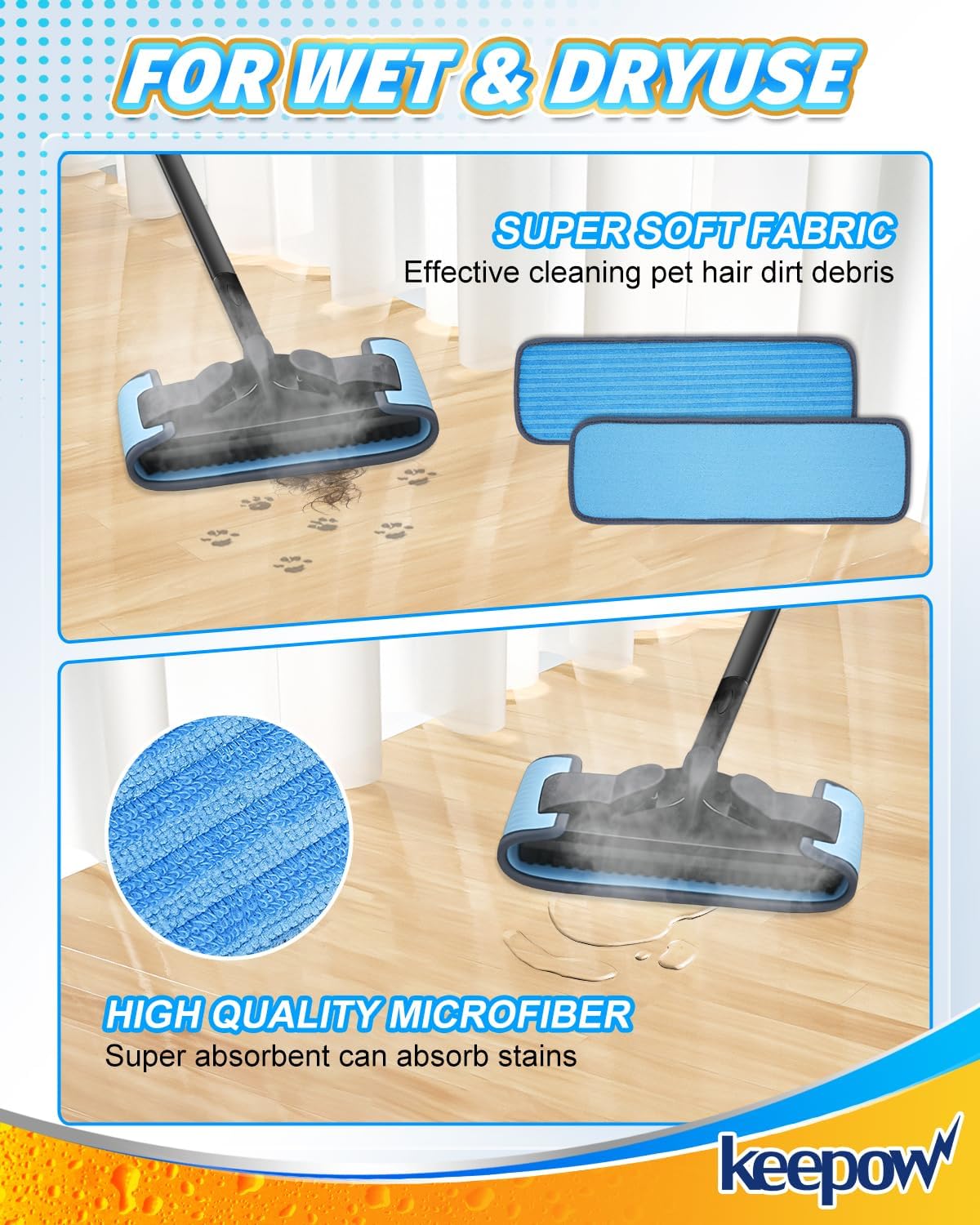 KEEPOW Steamer Microfiber Pad Compatible with Wagner 905e, 915e and 925e, Reusable Microfiber Cleaning Replacement Pads for Multi-Surface Floor Cleaning for Powerful, 2 Pack (Mop is Not Included)