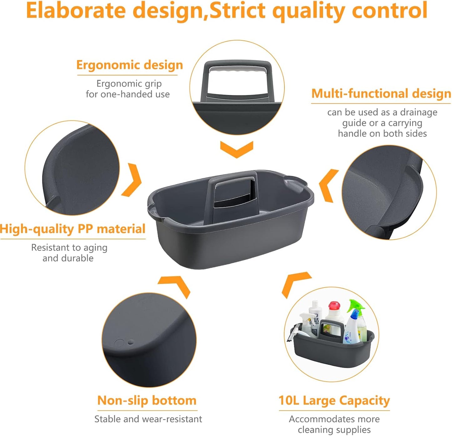 2 Pack Multi-Purpose Plastic Cleaning Caddy with Handle, Shower Caddy Organizer/Storage Basket/Totes Portable for Bathroom Supplies, Cleaning Products, Under Sink Tool. (grey+white)