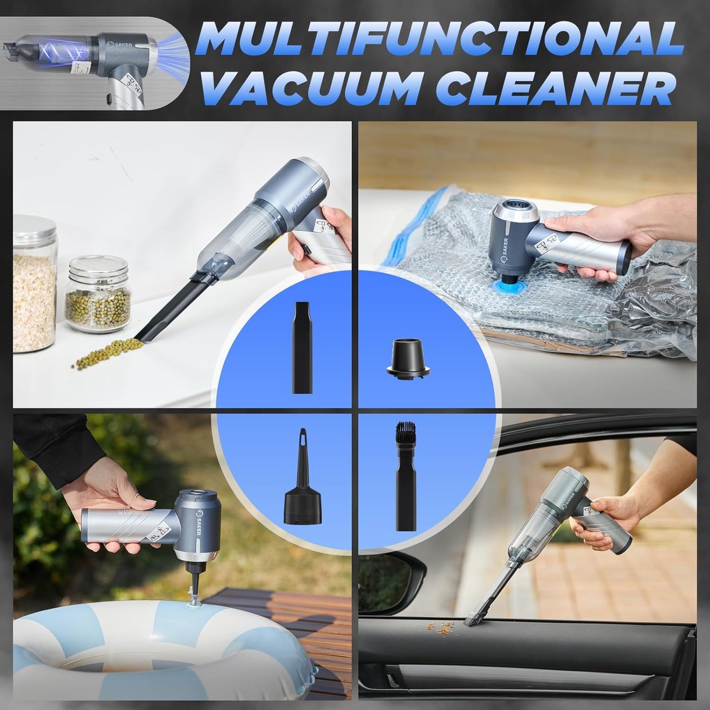 Saker Car Vacuum Cleaner 17000PA Foldable 3 in 1 Mini Handheld Vacuums Portable Cordless with Brushless Motor for Hair,Cars,Bedrooms,Offices Cleaning HL132 Silver