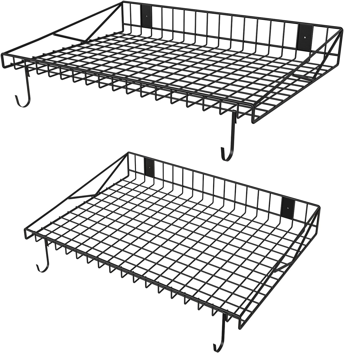 2 Pack Garage Wall Shelf, Garage Wall Mounted Shelving, Heavy Duty Floating Shelves With 4 Hooks, Loads 90 LBS Black Wall Shelves Mesh Storage Rack for Office, Basement, Wall Cabinet and Kitchen