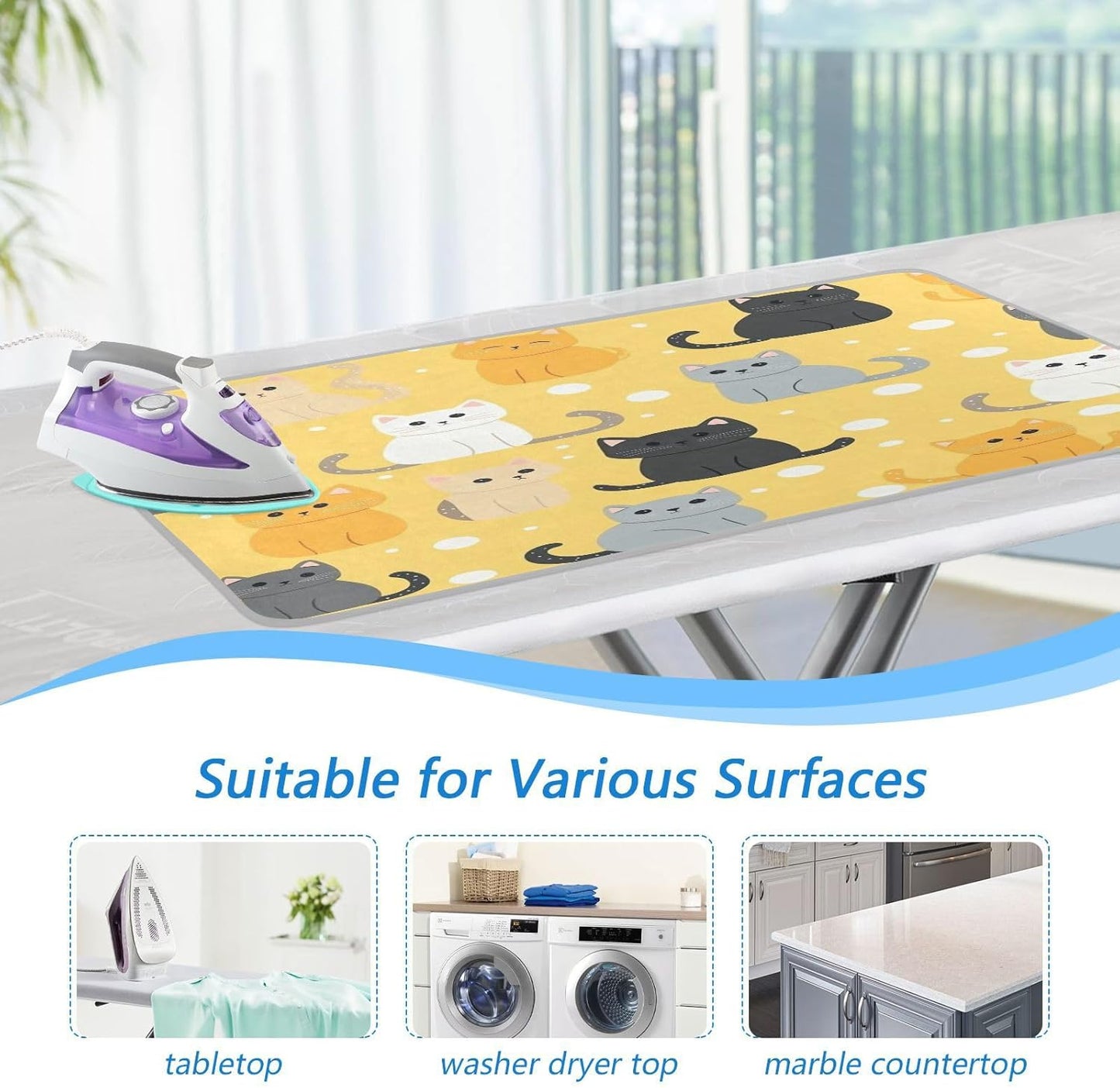 Yellow Polka Dot Cat Ironing Mat Thickened Ironing Blanket Travel Portable Double-Side Using Ironing Pad Travel Isolate Heat Pad Cover for Washer Dryer Table Top Countertop 27.6x47.2in