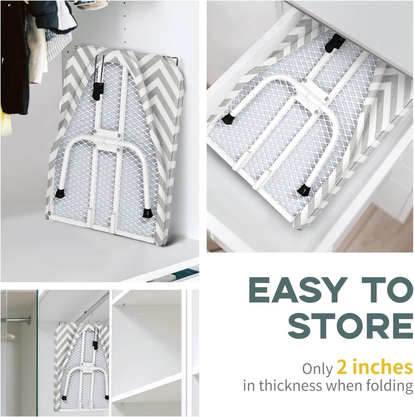 Folding Ironing Board for Small Space, RAINHOL Mini Collapsible Ironing Boards, with Hook, Iron Rest, Heat-Resistant 100% Cotton Cover and Pad, Gray and White Stripes, 31" x 12", Steel Mesh