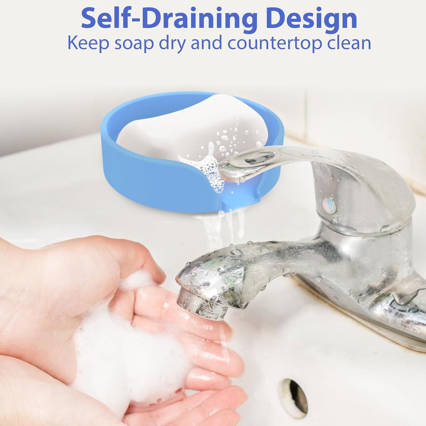 Self Draining Soap Dish, Silicone Suction Cup Soap Holder Tray Savers Container Sponge Holder for Bar Bathroom Shower Kitchen Sink, Can Extend Soap Life (2, Sky)