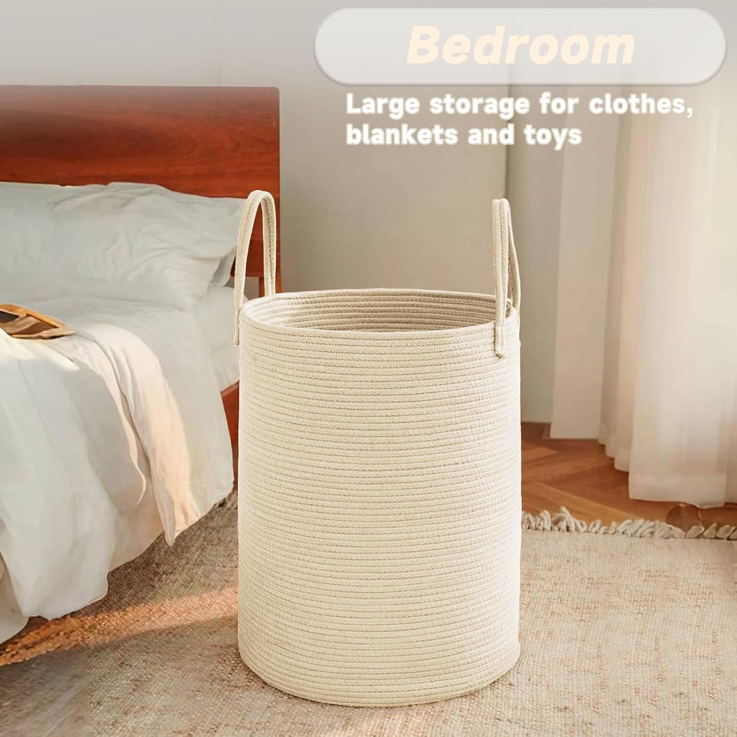 Large Woven Laundry Basket Hamper,60L Cotton Rope Storage Bin for Blankets,Toys and Clothes,Decorative Tall Nursery Hamper for Living Room,Baby Nursery,Bathroom and Bedroom,Beige