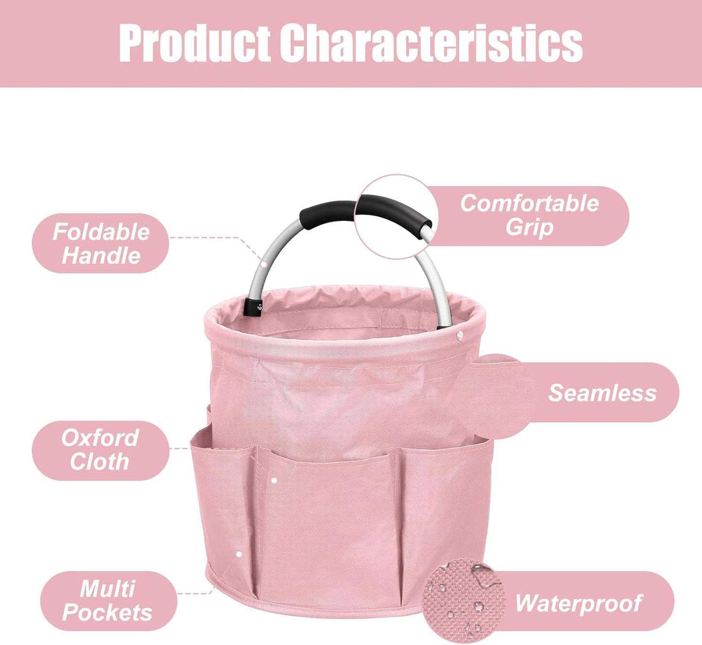 Qivine 17L Cleaning Caddy with Handle, Cleaning Supply Caddy Foldable Tool Bag Cleaning Products Organizers Portable Cleaning Bucket Organiser for Storing Towels (Pink)
