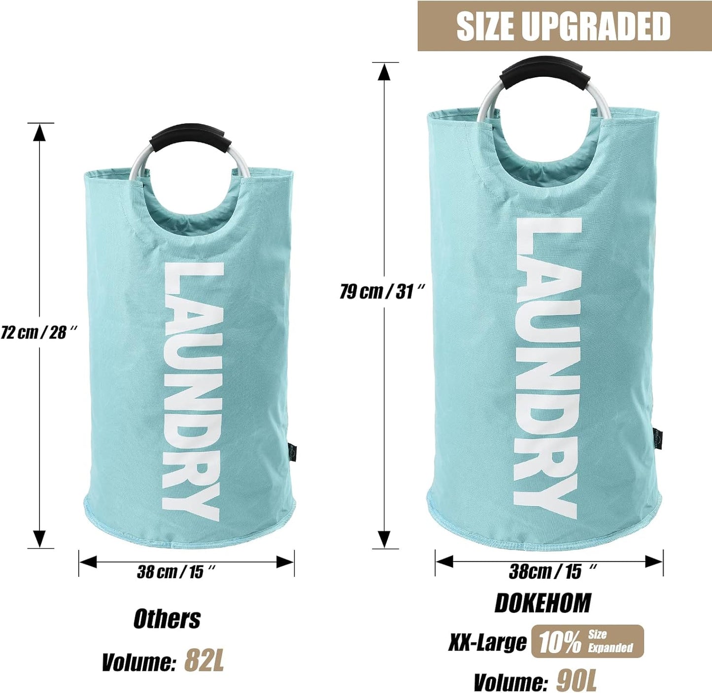 DOKEHOM 90L Large Laundry Basket, Collapsible Laundry Bag, Freestanding Tall Clothes Hamper, Foldable Washing Bin (Light Blue)