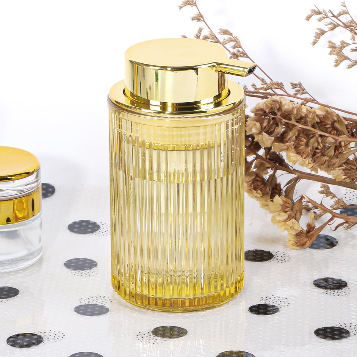 Amber Foaming Soap Dispenser, Glass Foam Hand Soap Dispenser with Gold Pump, 11 Oz Bathroom Refillable Liquid Lotion Pump Ribbed Bottle Container for Kitchen Countertop Decor