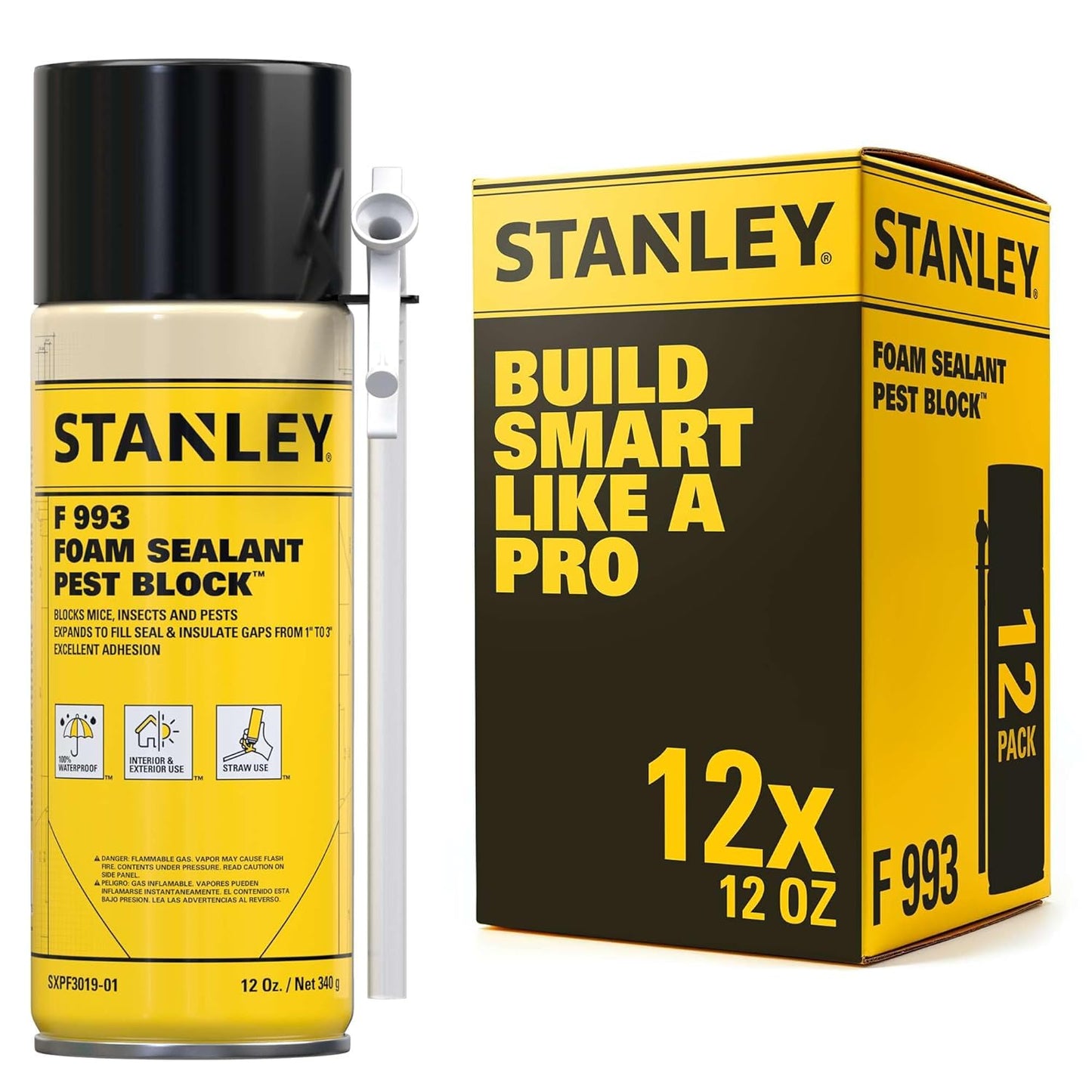 Stanley F993 Expanding Foam Sealant Spray – (12x12oz) Gaps & Cracks Filler, PestBlocker for Indoor/Outdoor Use – Paintable, Waterproof, Polyurethane Insulation Foam with Straw Applicator | 12 Pack