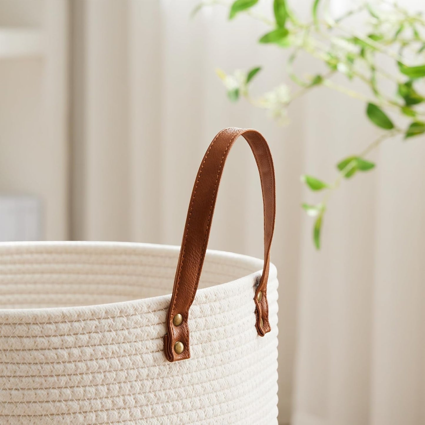 VIPOSCO Tall Laundry Basket, Large Dirty Clothes Hamper with Leather Handle, Woven Rope Storage Basket for Blanket, Toy In Living Room, Bathroom, Bedroom - 100L White & Brown