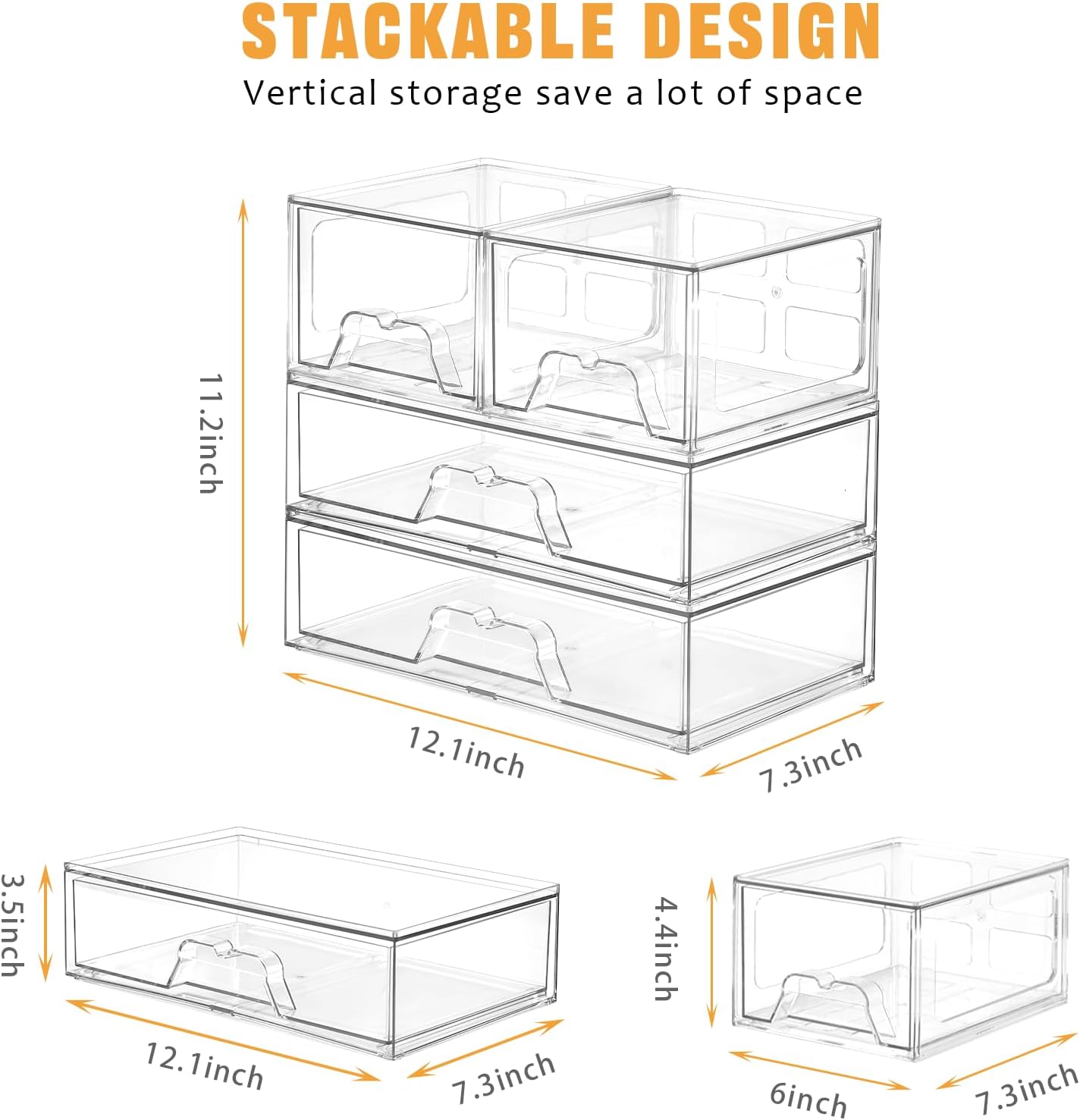 3 Pack Stackable Storage Drawers Clear Acrylic Organizer Makeup Bathroom Organizer and Storage for Beauty Supplies,Ideal for Vanity, Cabinet,Bathroom,Pantry Organization