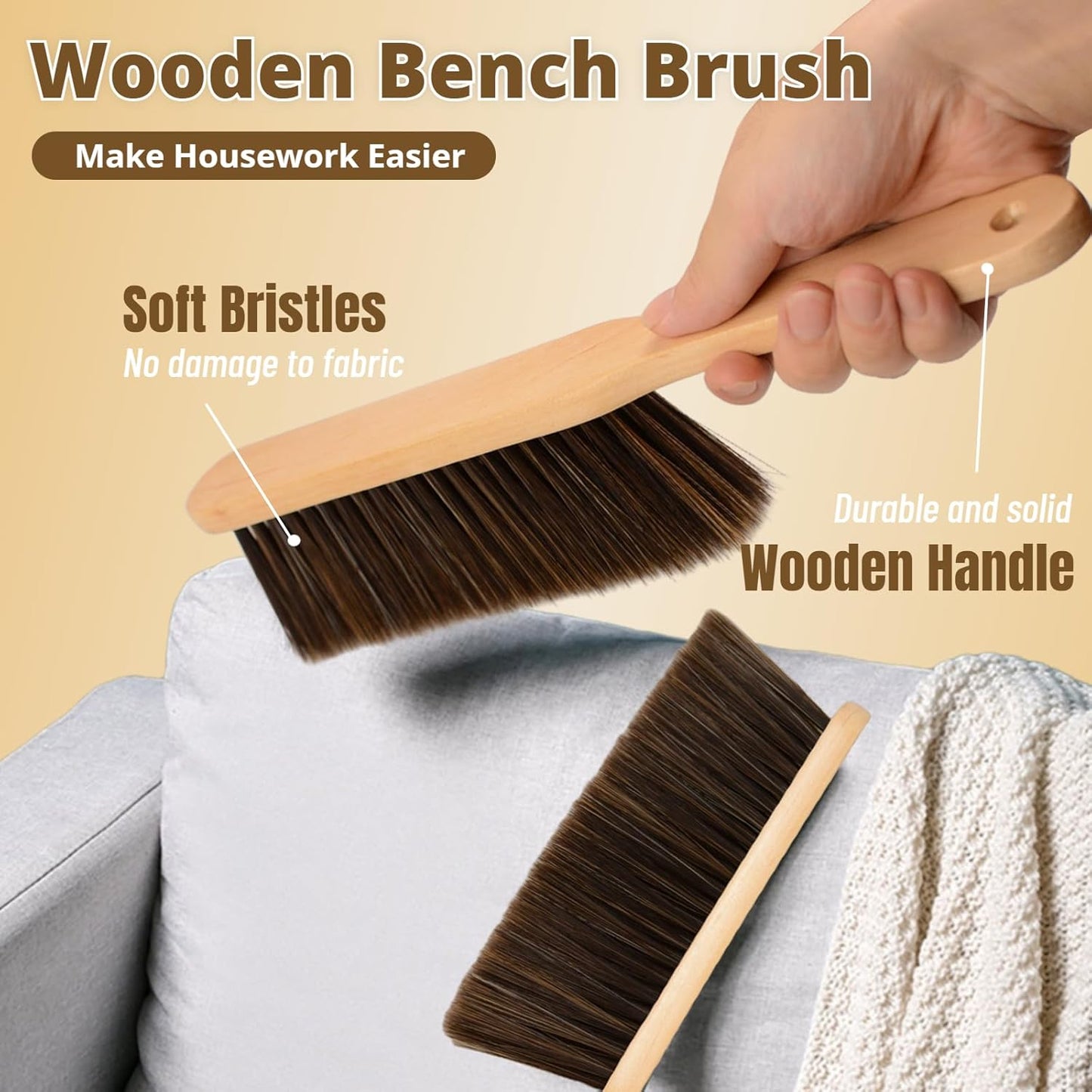 2 Pieces Woooden Dust Brush Hand Broom Bench Brush with Long Wood Handle Whisk Broom Soft Bristle Brush for Counter Bed Sofa Car Fireplace Clothes Household Cleaning(Brown)