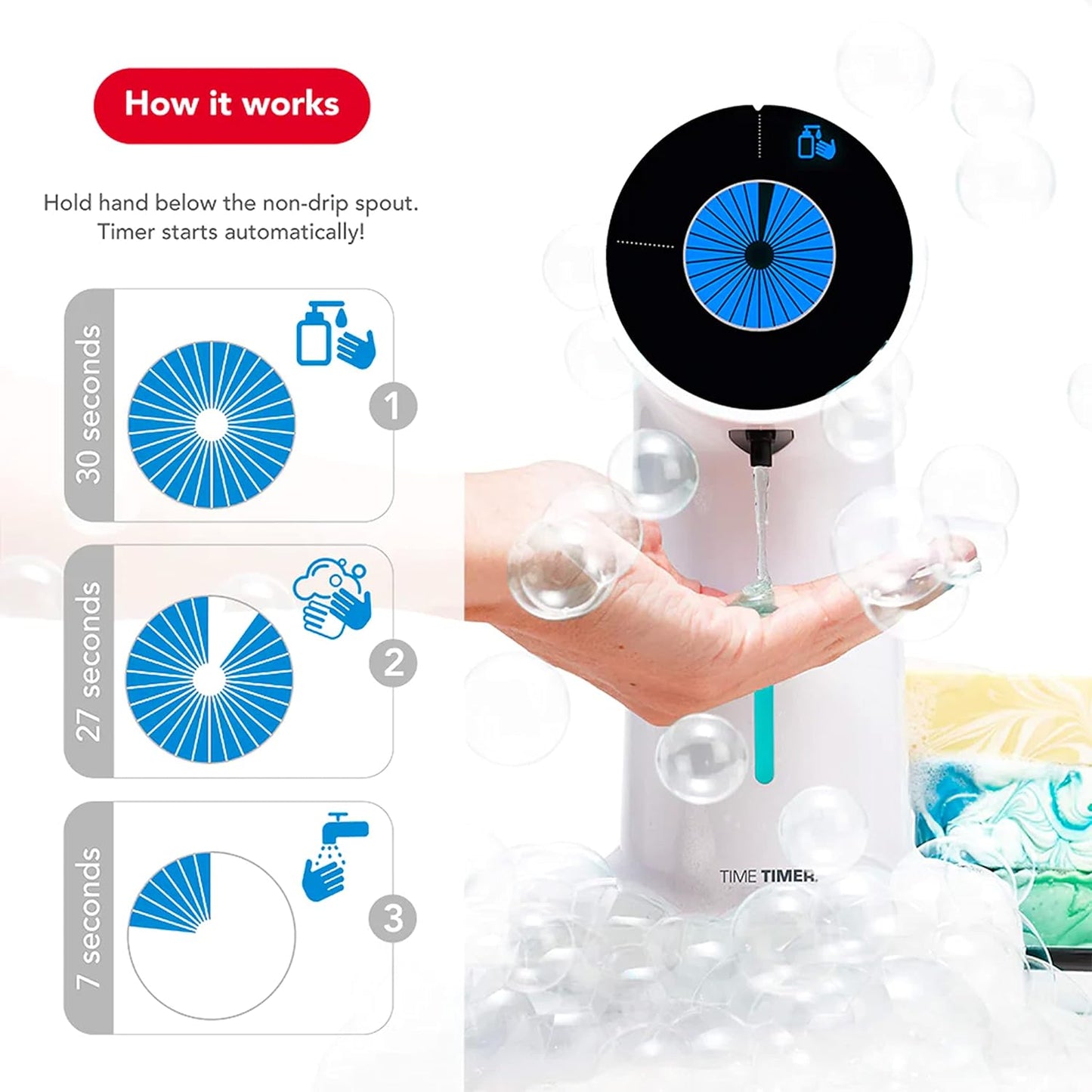 Time Timer WASH with Soap Dispenser — Hands Free Automatic Soap Dispenser with 30 Second Visual Countdown Display, Touch-Less Handwashing, for Kitchen or Bathroom Timer with Optional Music Sound