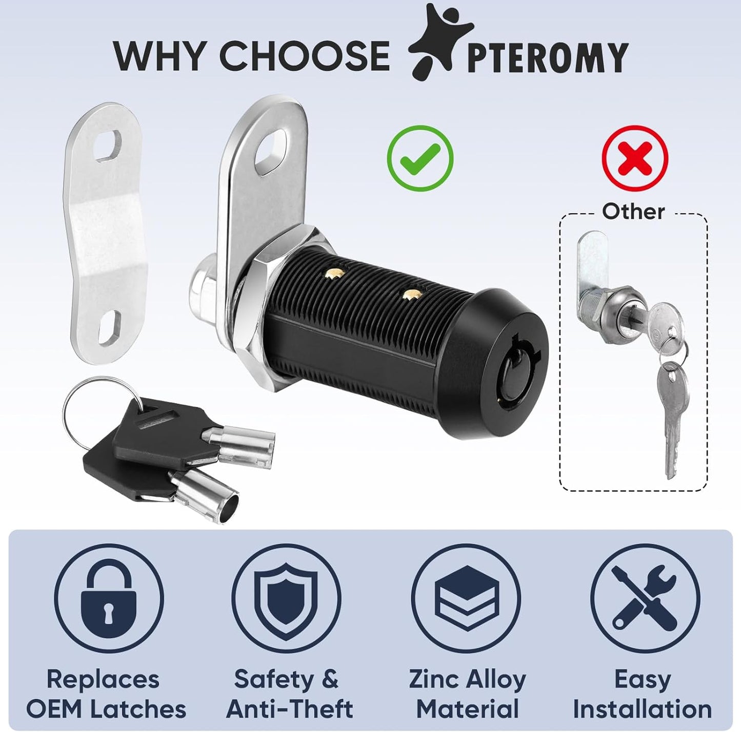 PTEROMY 5 Pack Cabinet Lock with Keys, 5/8'' Heavy Duty Tubular Cam Lock for RV Compartment Storage Locks, Full Set of RV Cam Locks (Black, 5/8'', 5 Pack)