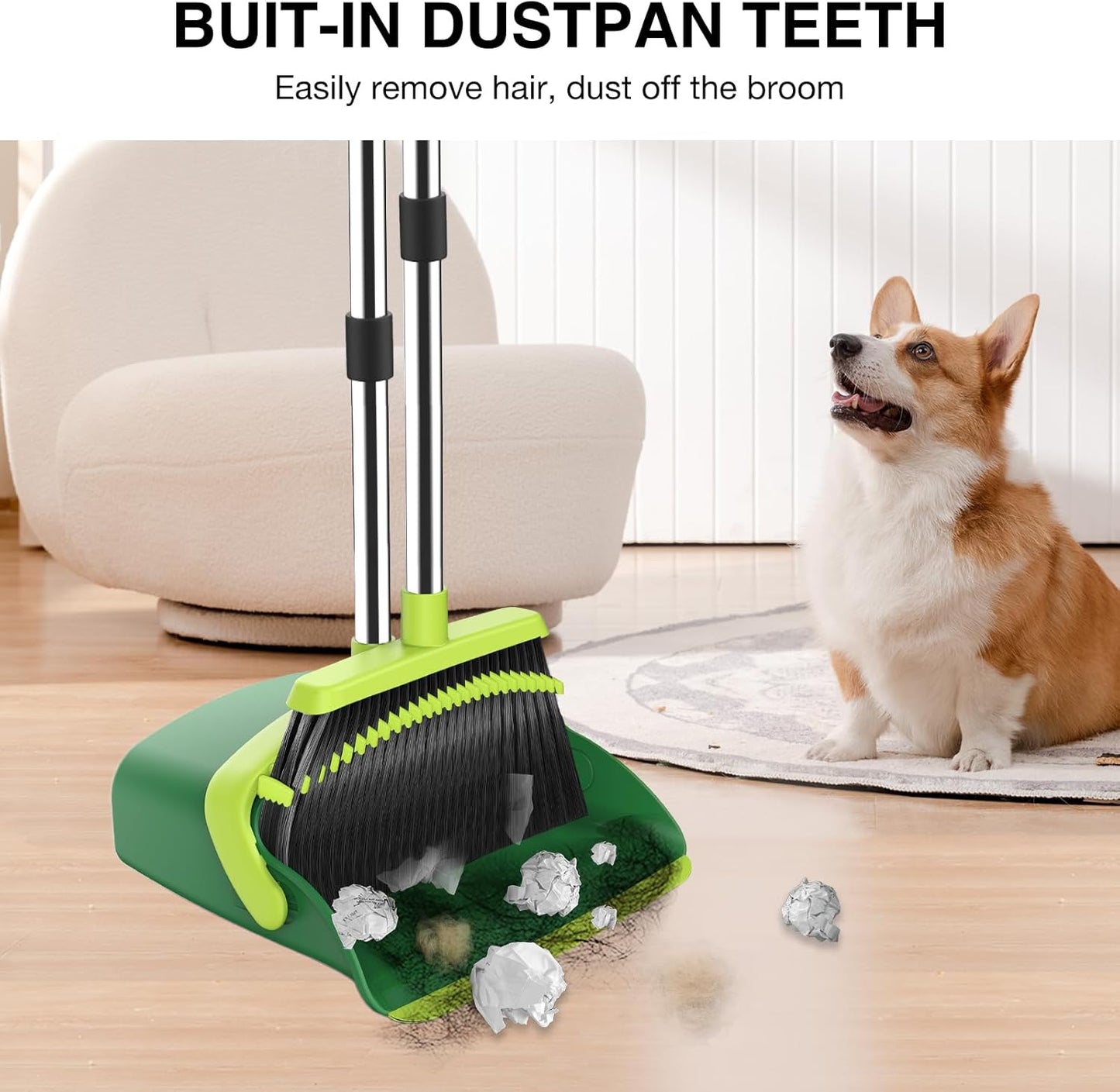 Broom and Dustpan Set, 52-in Long Adjustable Handle Broom Dustpan Combo with Dust pan Teeth to Automatically Clean Hair Suitable for Home Kitchen Office Hall Floor（Green）