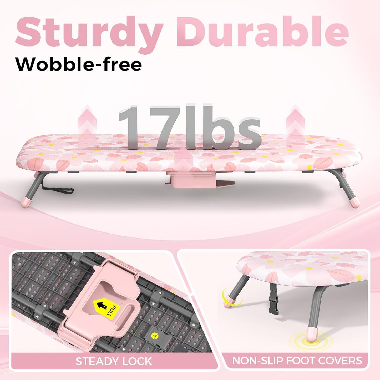 APEXCHASER Small Ironing Board with Iron Holder, Compact Iron Board with Non-Slip Feet, Portable Tabletop Ironing Board with Cotton Cover for Small Spaces and Travel, Pink