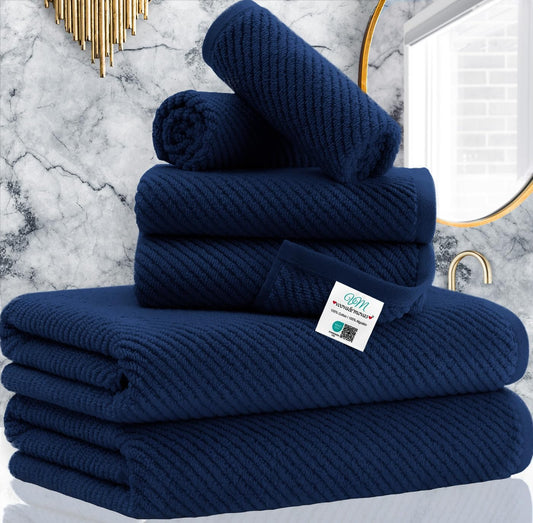 VOOVA & MOVAS Bath Towels - 100% Cotton | Quick Dry | Light Weight | Thick | Soft, Towel Set of 6, 2 Large Bath 30"x56", 2 Hand 18"x28", 2 Washcloths 13"x13", Quick Dry Towel for Shower, Navy Blue