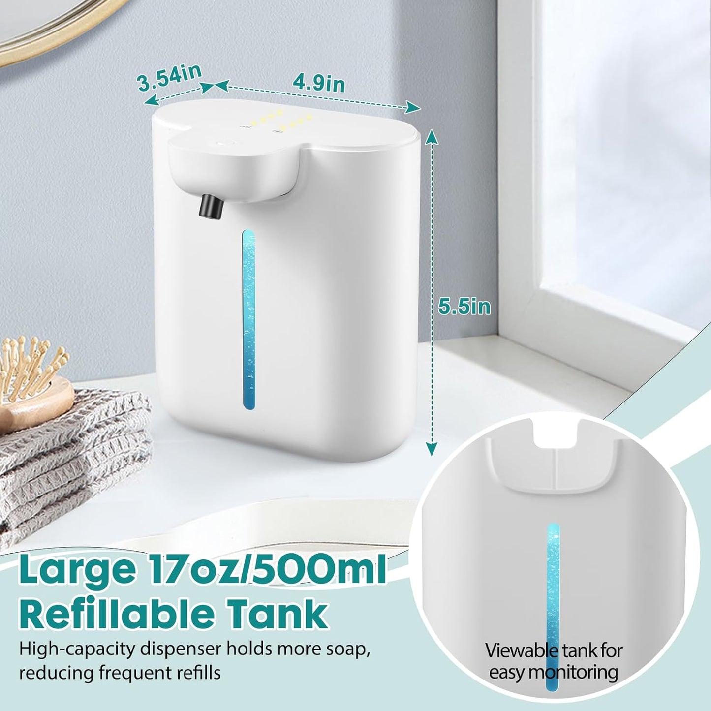 Automatic Soap Dispenser, 17oz/500ML Large Capacity Touchless Foaming Hand Soap Dispenser with 4 Foam Adjustments, Rechargeable for Kitchen, Bathroom, Wall Mount or Countertop Use (White)