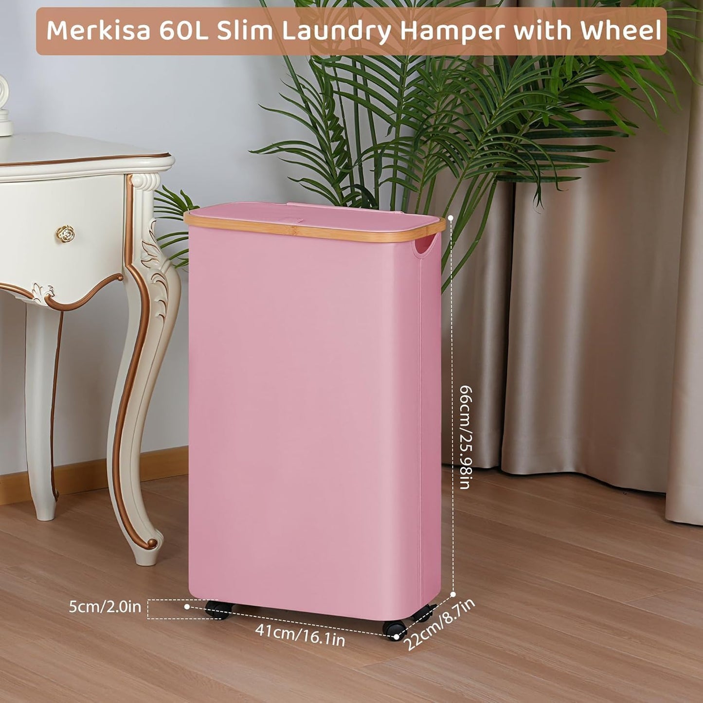 60L Slim Laundry Basket with Wheels,Narrow Hampers for Laundry,Freestanding Laundry Hamper with Lid&Bamboo Handles,Collapsible & Waterproof Tall Cloth Hamper for Dorm Family(Pink)