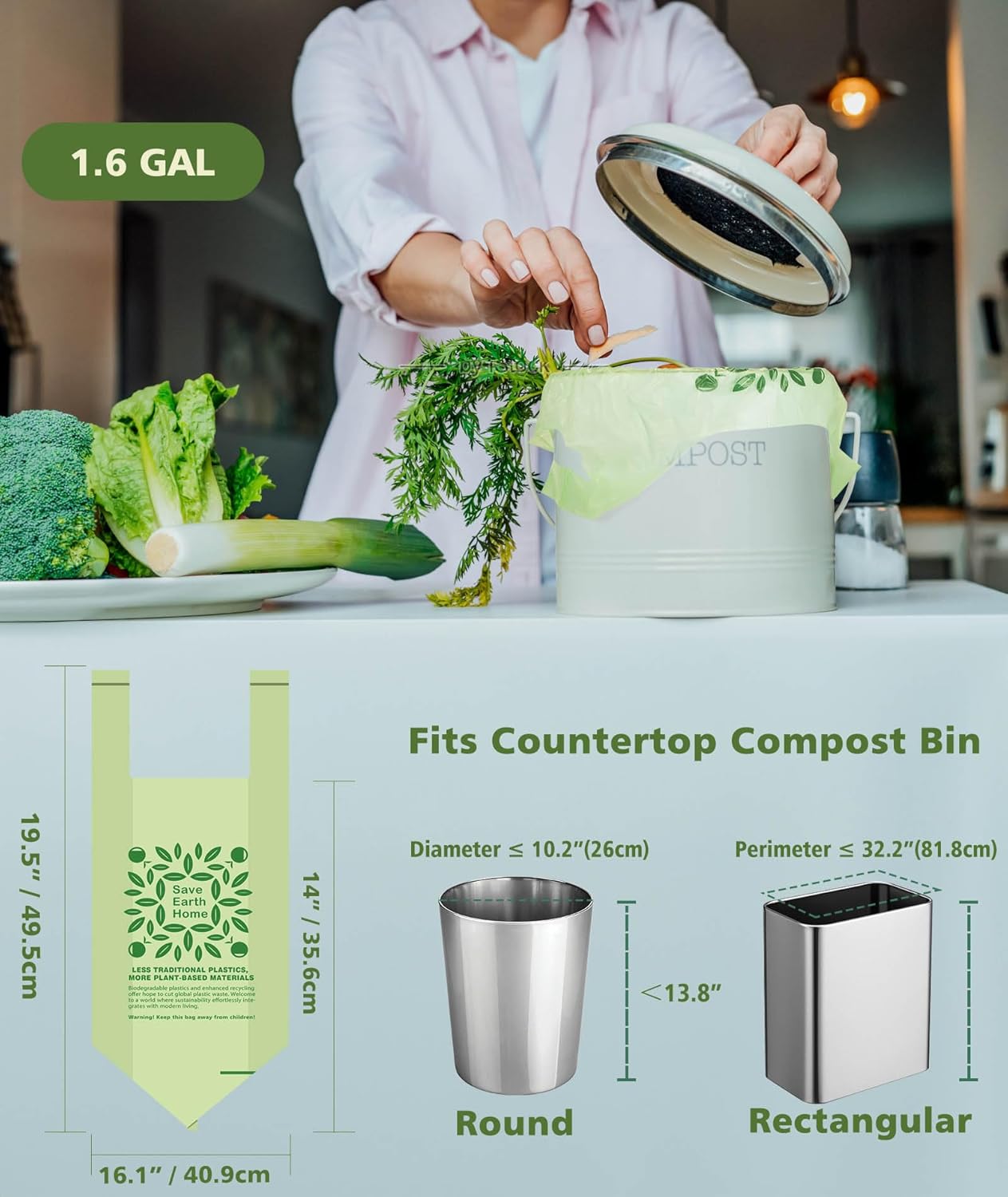 1.6 Gal Small Compost Bags for Countertop Bin with Handle Tie, AYOTEE Composting Bags for Kitchen Compost Bins,100 Pack, 1.2-1.6 Gallon Compost Bin Bag, Small Trash Bag, Odor Control