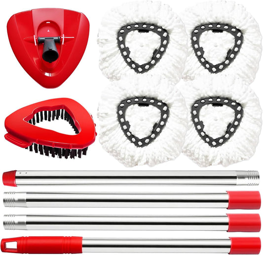 Spin Mop Head and Brush Replacement Compatible for O Cedar EasyWring 1-Tank System, 4 Microfiber Mop Refills, 1 Scrub Brush,1 Base and 30-58in Mop Stick Easy-to-Replace (White 1 Tank System)