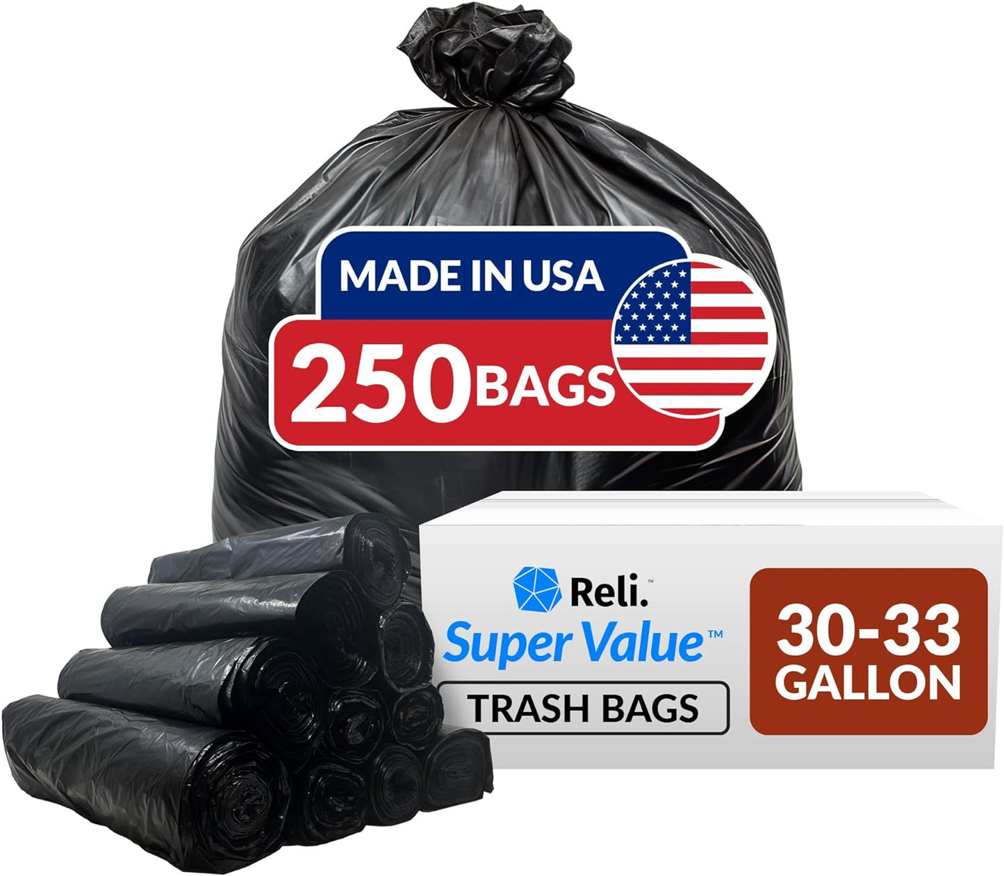 Reli. 30-33 Gallon Trash Bags Heavy Duty | 250 Count Bulk | Black Large Trash Bags 30+, 32 Gallon | Made in USA