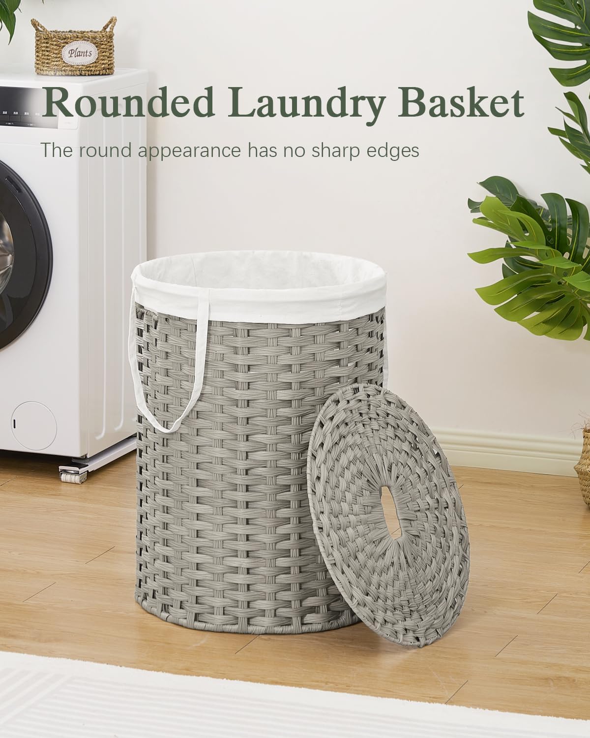 Laundry Basket with Lid Round Rattan Laundry Hamper with Lid and Handles 29.1 Gal (110 L) Handwoven Woven Basket with Removable Bags and 2 Mesh Bags for Bathroom Living Room Gray