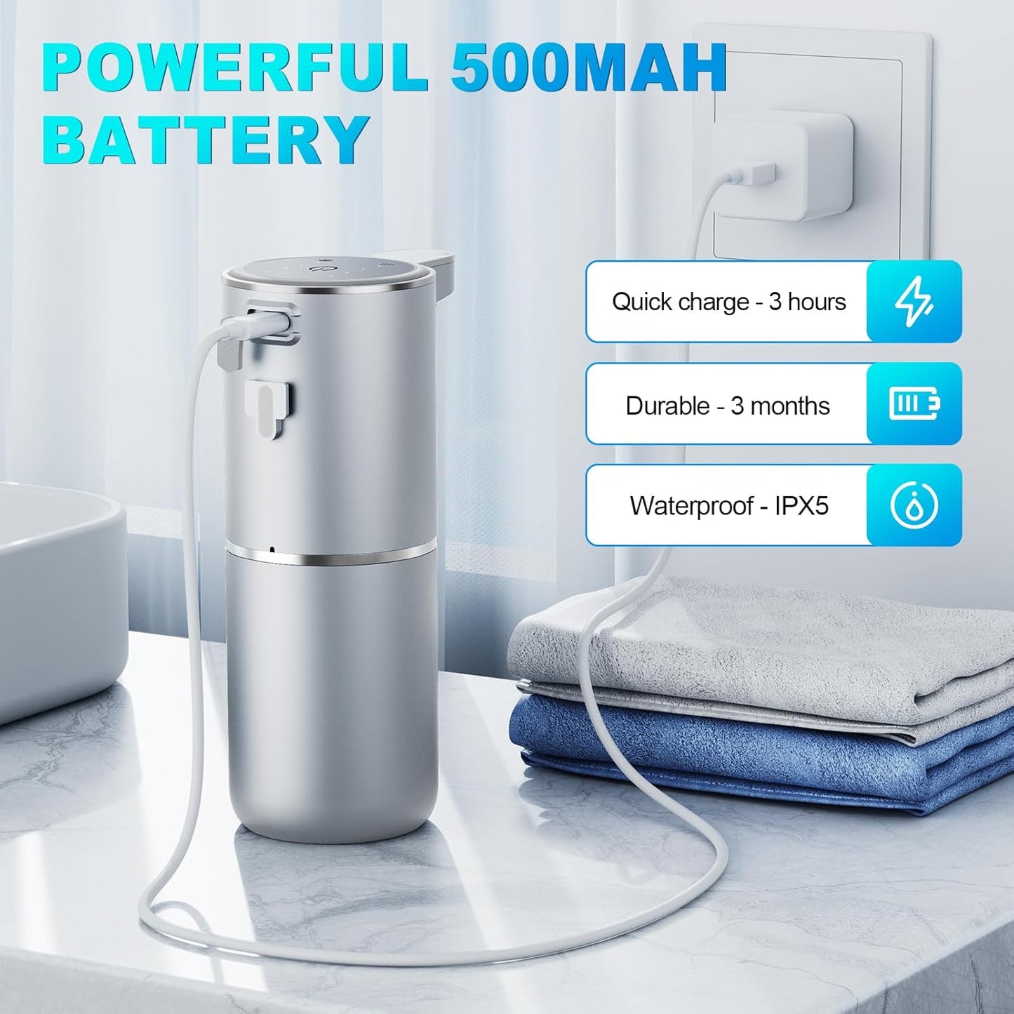 Automatic Foaming Soap Dispenser, 12.8oz/380ml Wall Mount Touchless Soap Dispenser with Sensor, 4-Level Adjustable, IPX5 Waterproof, USB Rechargeable for Bathroom, Kitchen