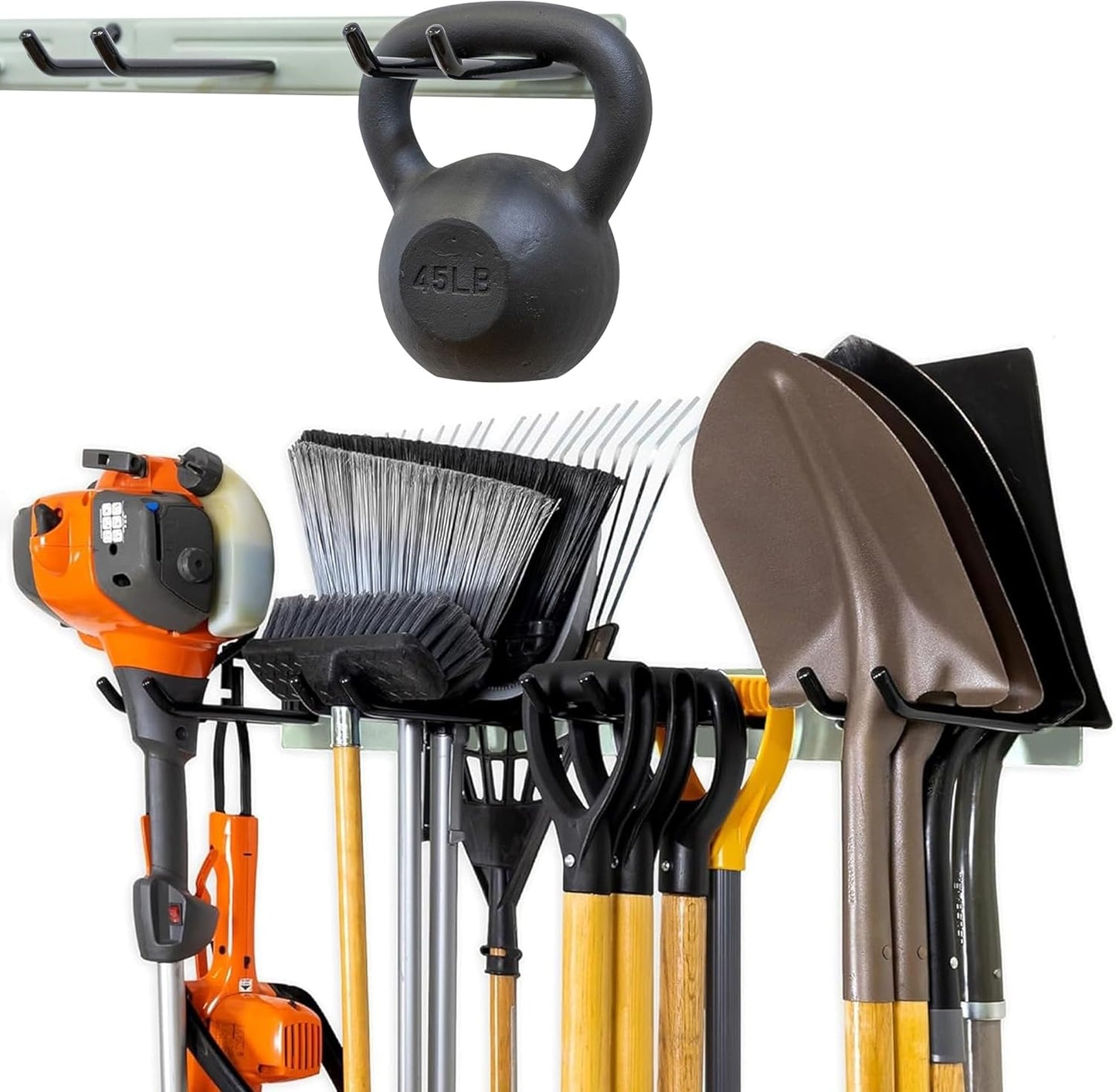 StoreYourBoard Wall-Mounted Rack With 4 Garage Hooks – Heavy-Duty Steel Holder Garage & Garden Storage for Shed, Workshop, or Home Organization – For Rakes, Shovels, Tools & More – 1 Pack, Cactus