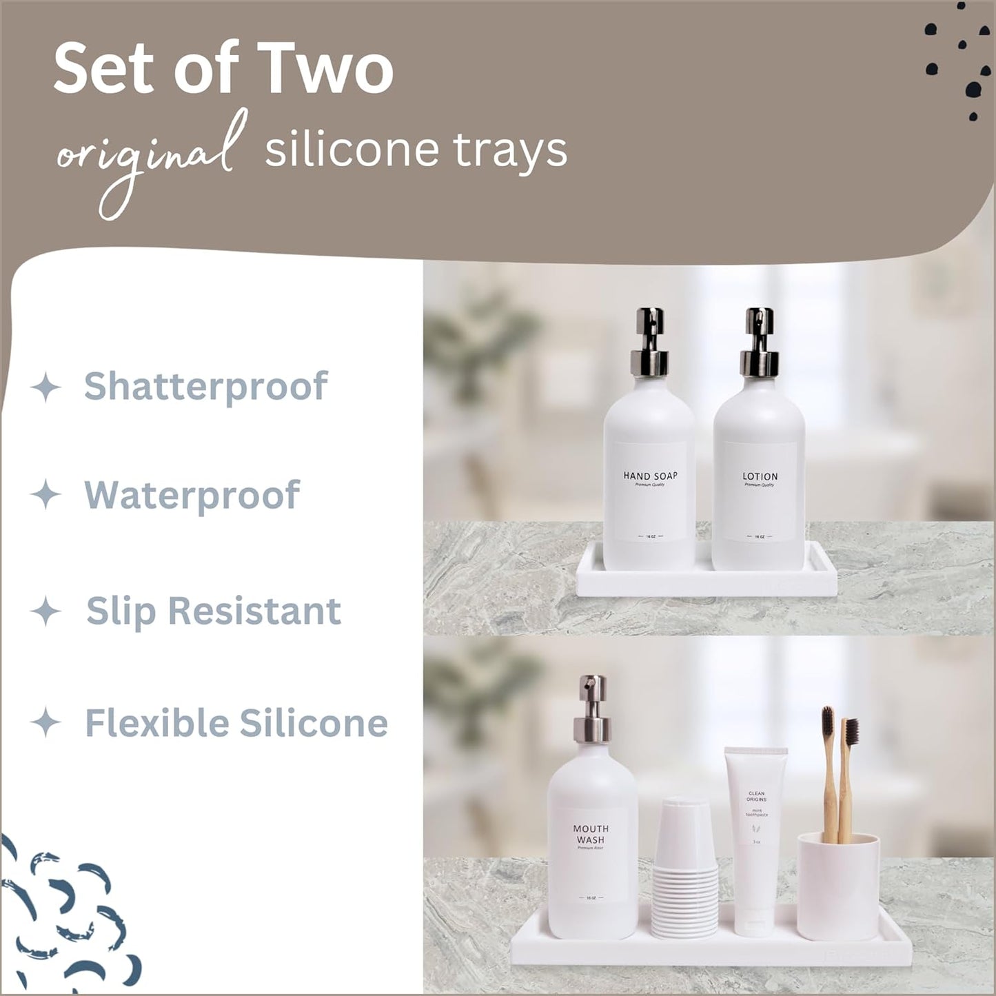 Countertop and Vanity Tray - 2 PC (11” and 7”) Shatterproof Silicone Kitchen and Bathroom Trays for Counter, Kitchen Soap Dispenser Tray, Vanity Trays for Bathroom, Perfume Key Tray