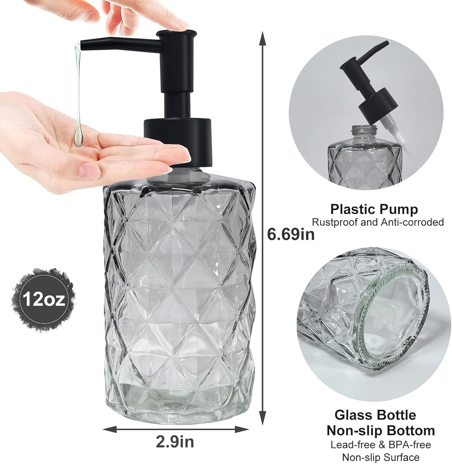 Crystal Glass Soap Dispenser, 12oz Gradient Grey Bathroom Hand Dispenser, Lotion Dispenser with Black Plastic Pump for Modern Home Decor, Kitchen Countertop, Hotel