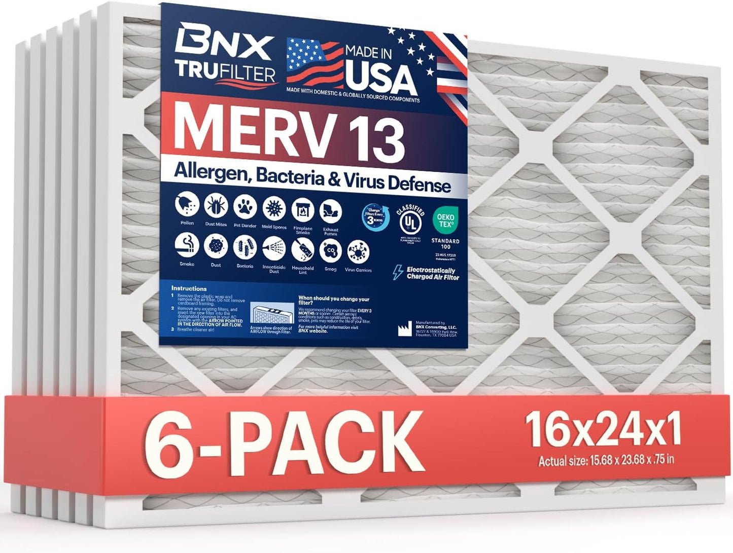 BNX TruFilter 16x24x1 Air Filter MERV 13 (6-Pack) - MADE IN USA - Electrostatic Pleated Air Conditioner HVAC AC Furnace Filters for Allergies, Pollen, Mold, Bacteria, Smoke, Allergen, MPR 1900 FPR 10